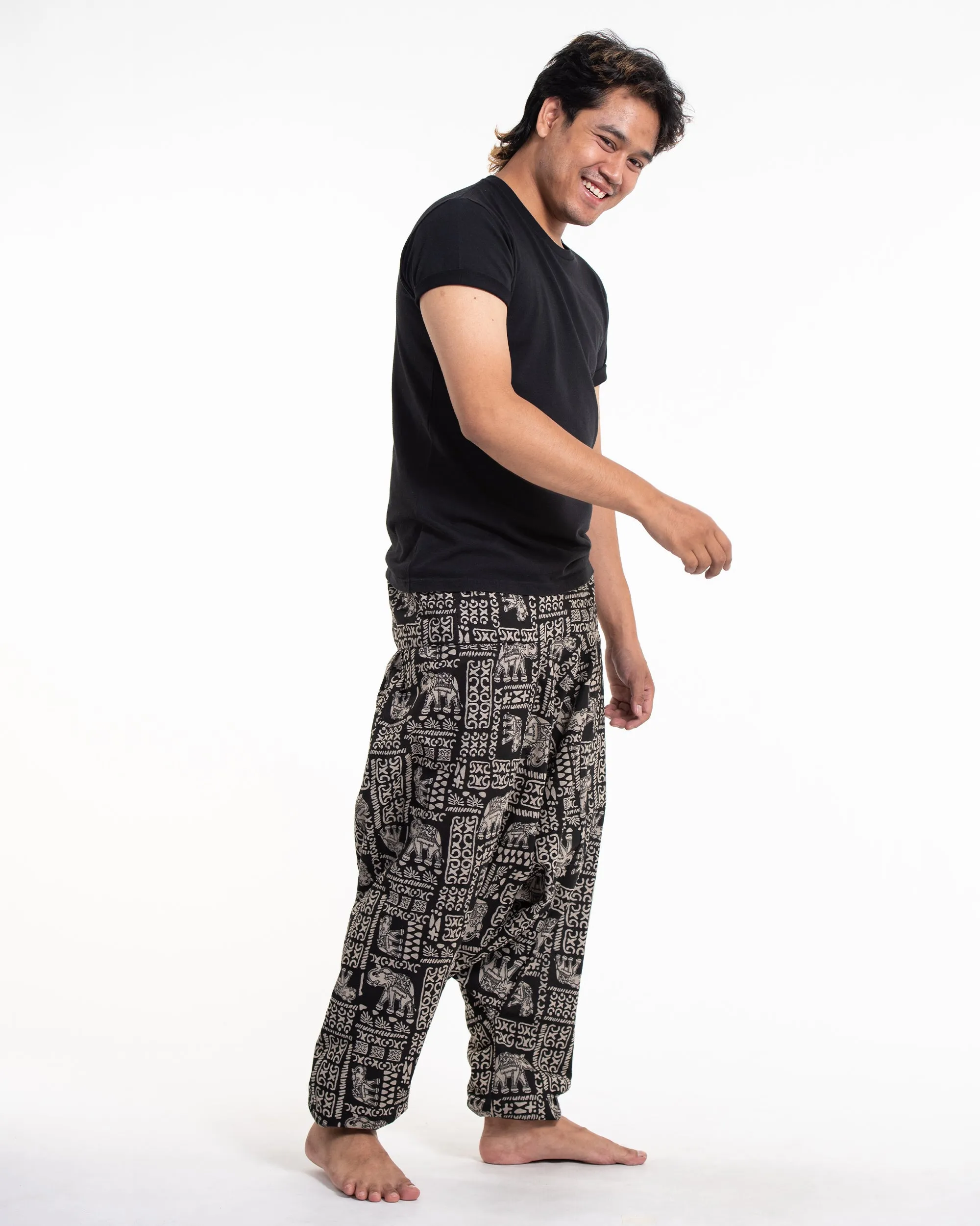 Hill Tribe Elephant Print Men's Harem Pants in Black