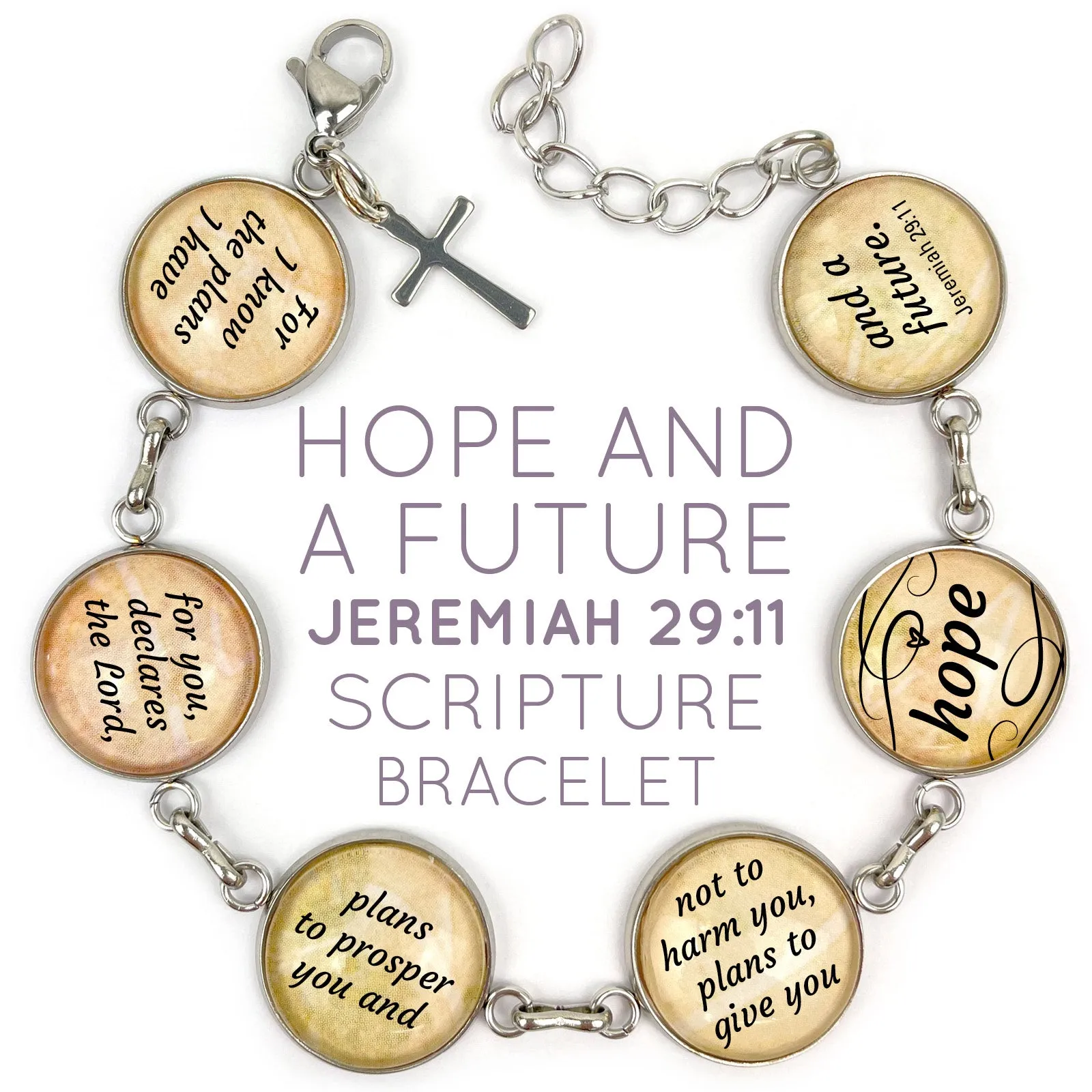 Jeremiah 29:11 Hope and a Future Scripture Bracelet – Glass Charm Stainless Steel Bible Verse Bracelet, 7.5-8.75