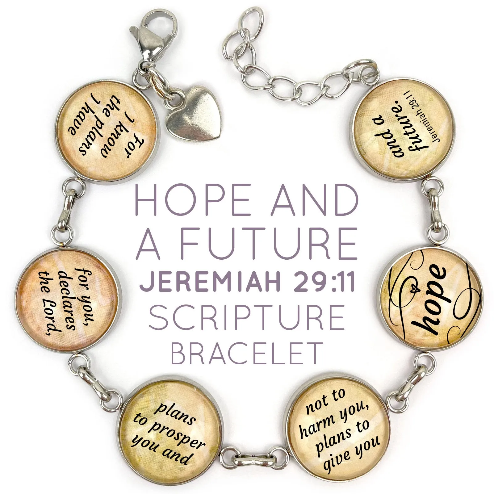 Jeremiah 29:11 Hope and a Future Scripture Bracelet – Glass Charm Stainless Steel Bible Verse Bracelet, 7.5-8.75