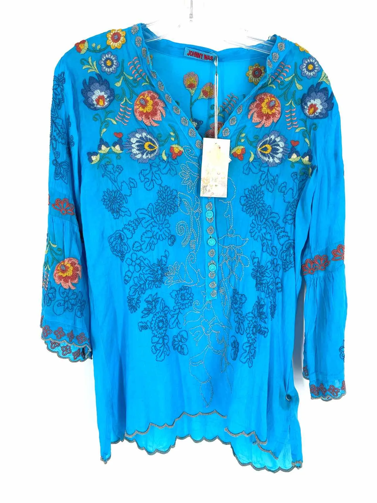 Johnny Was Size XS Blue/Multi Embroidered NEW Designer Top-3/4 Sleeve