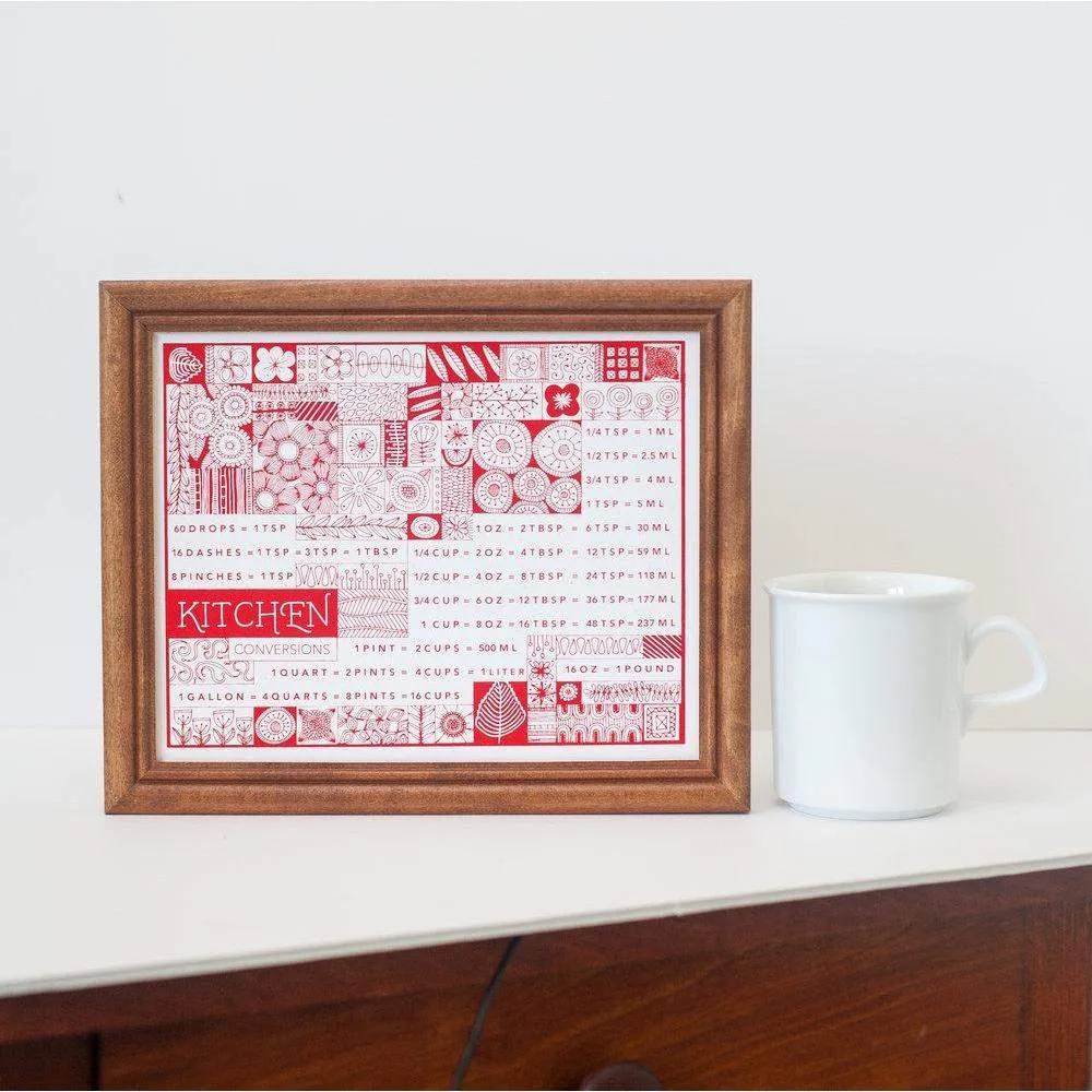 kitchen conversion chart, kitchen art decor, small wall red art print