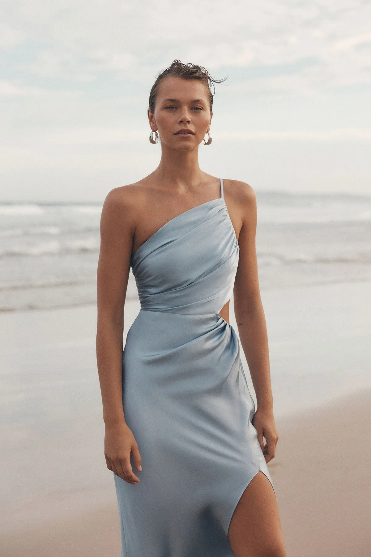 LA LUNE ASYMMETRICAL GATHERED MAXI DRESS - POWDER BLUE