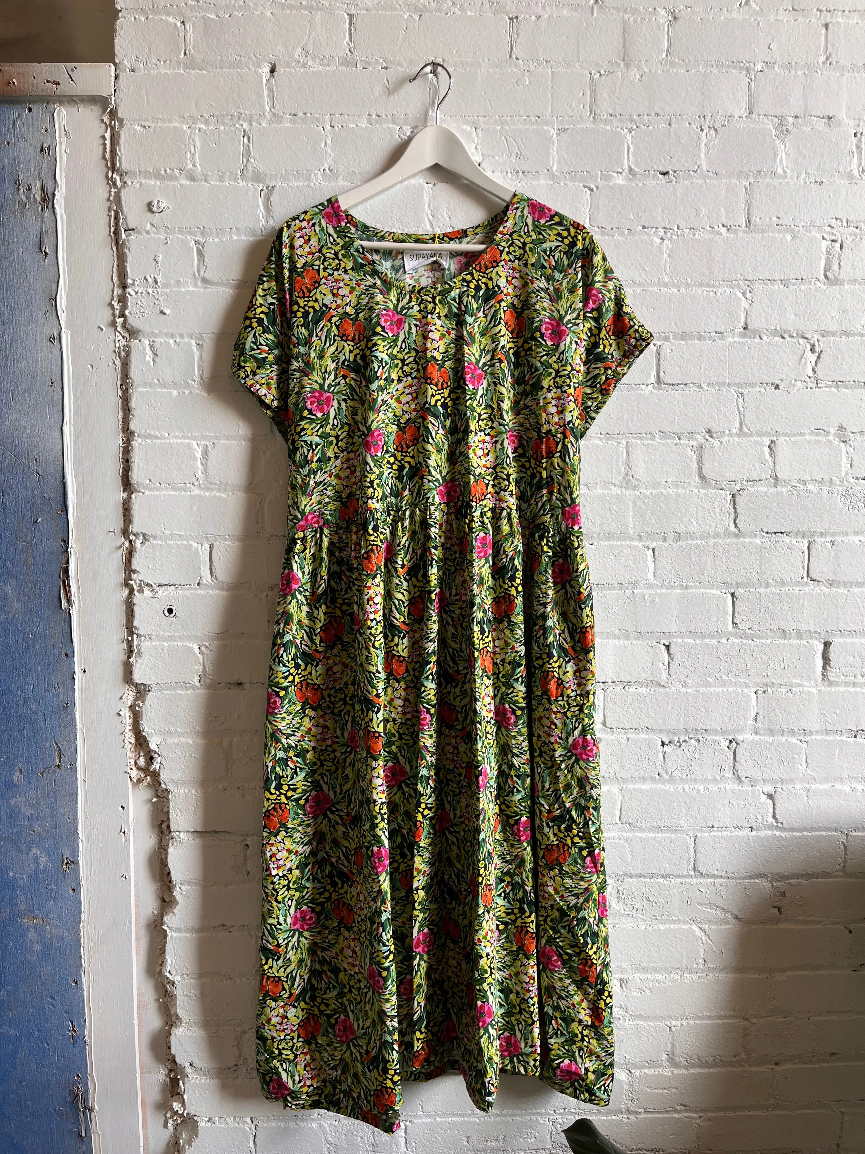 LAST ONE XXL- Short sleeve midi dress - impressionist print cotton