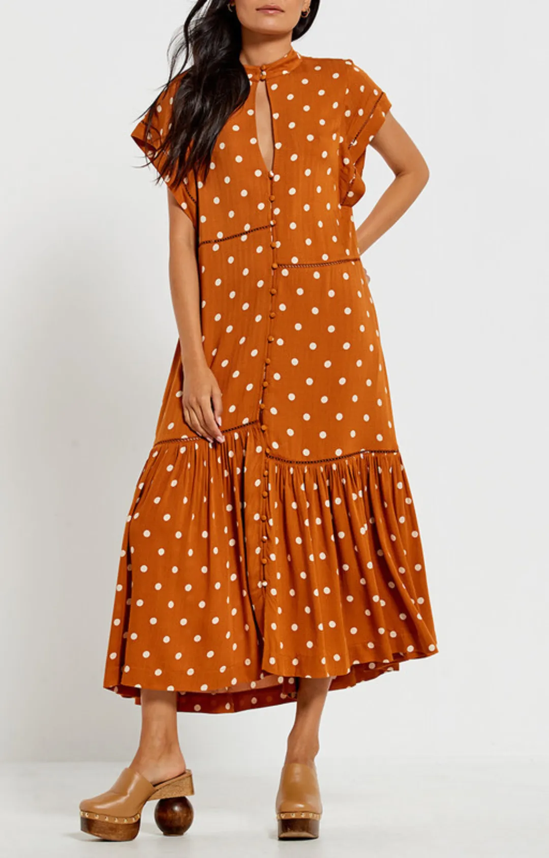 Lattice Midi Dress - Brown Dot