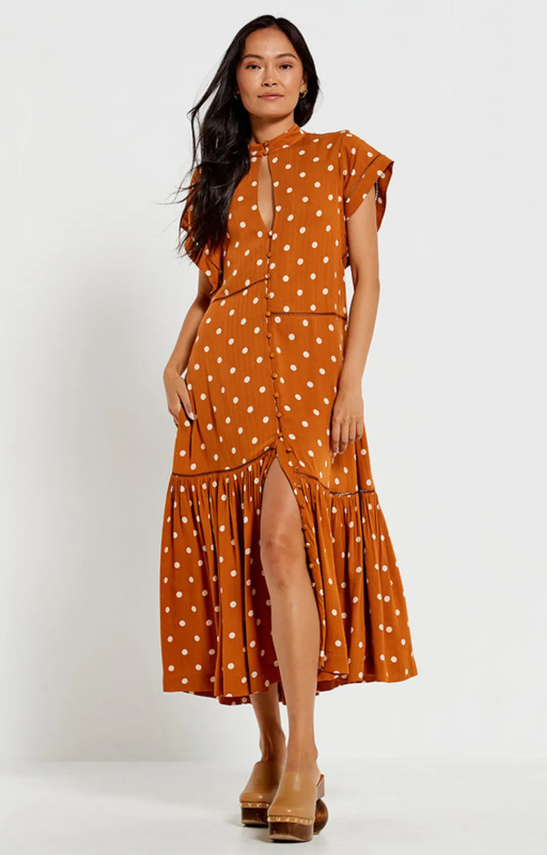 Lattice Midi Dress - Brown Dot