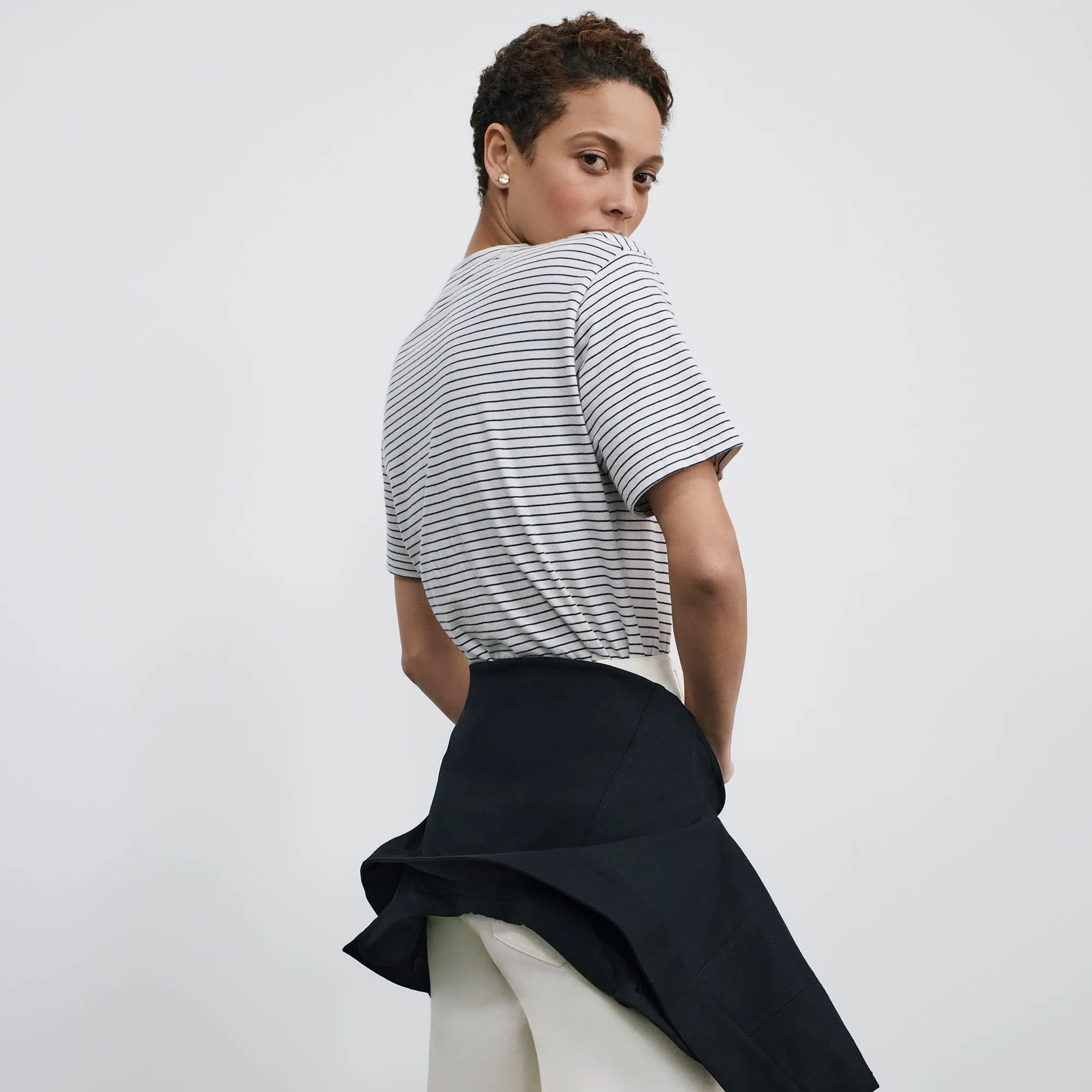 Leslie T-Shirt - Thin Striped Pima Cotton :: Ivory / Coastline