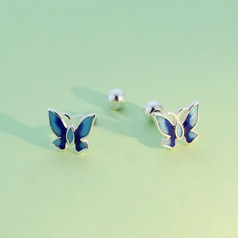 Luxurious Real 925 Sterling Silver Blue Butterfly Stud Earrings