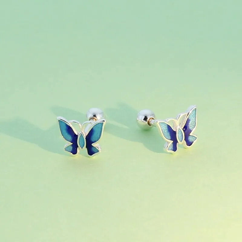 Luxurious Real 925 Sterling Silver Blue Butterfly Stud Earrings