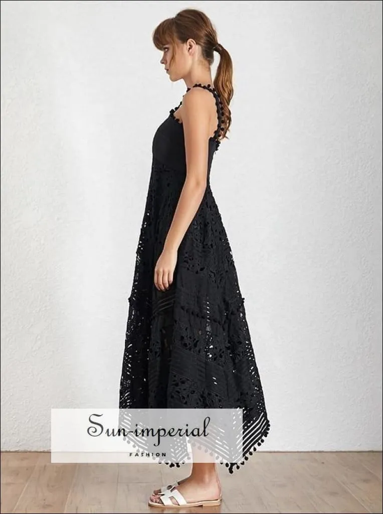 Mallory Dress - Vintage Black Elegant Lace Sleeveless Sheer Asymmetrical Maxi Dress V Neck High