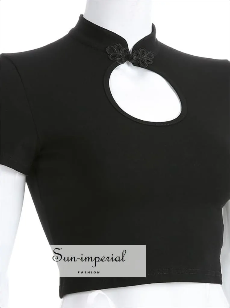 Mandarin Collar Fit Tee with Open Neckline Cut out Cotton Spandex Slim top with Frogging Button