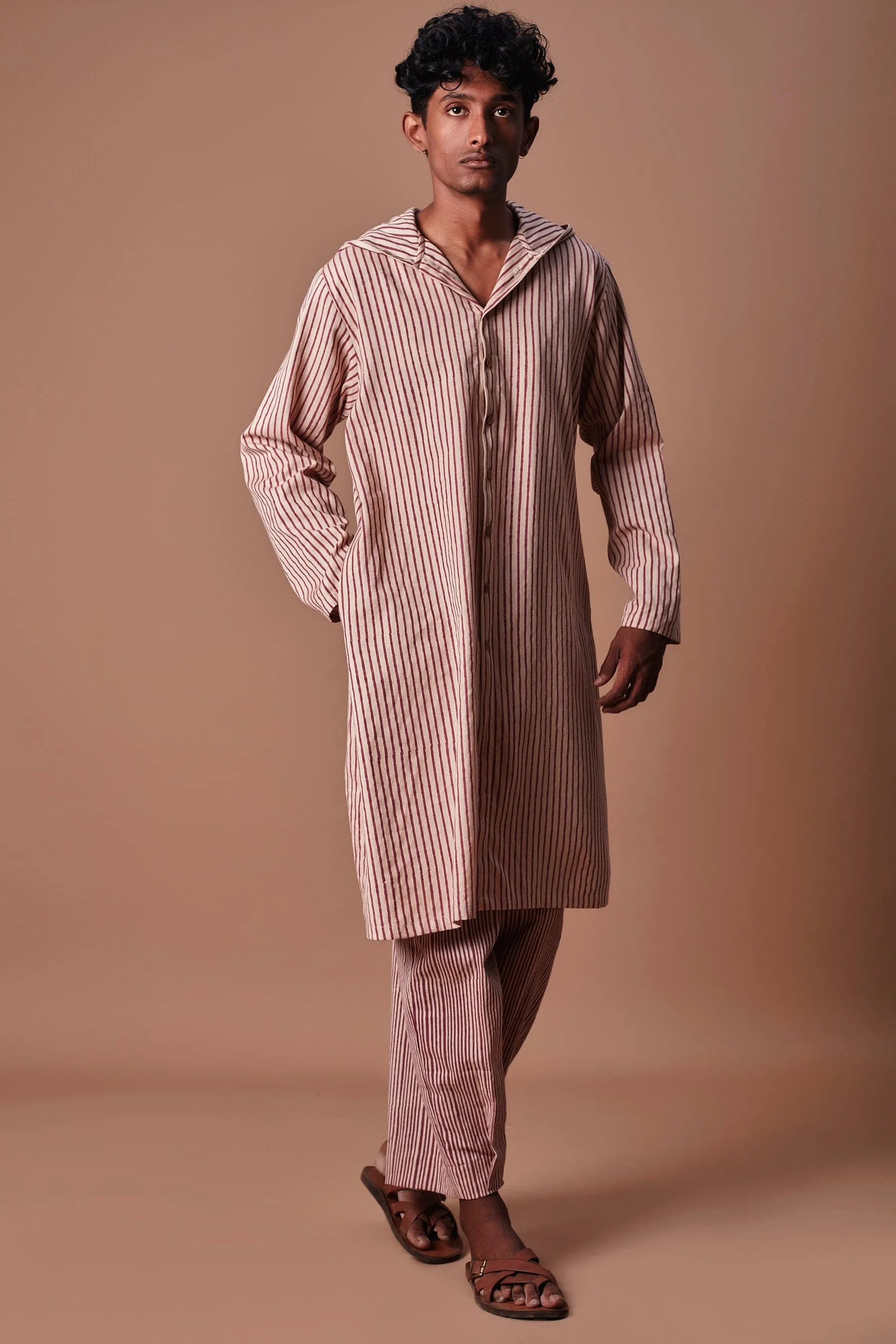 Mati Men's Mauve Hooded Striped Kurta