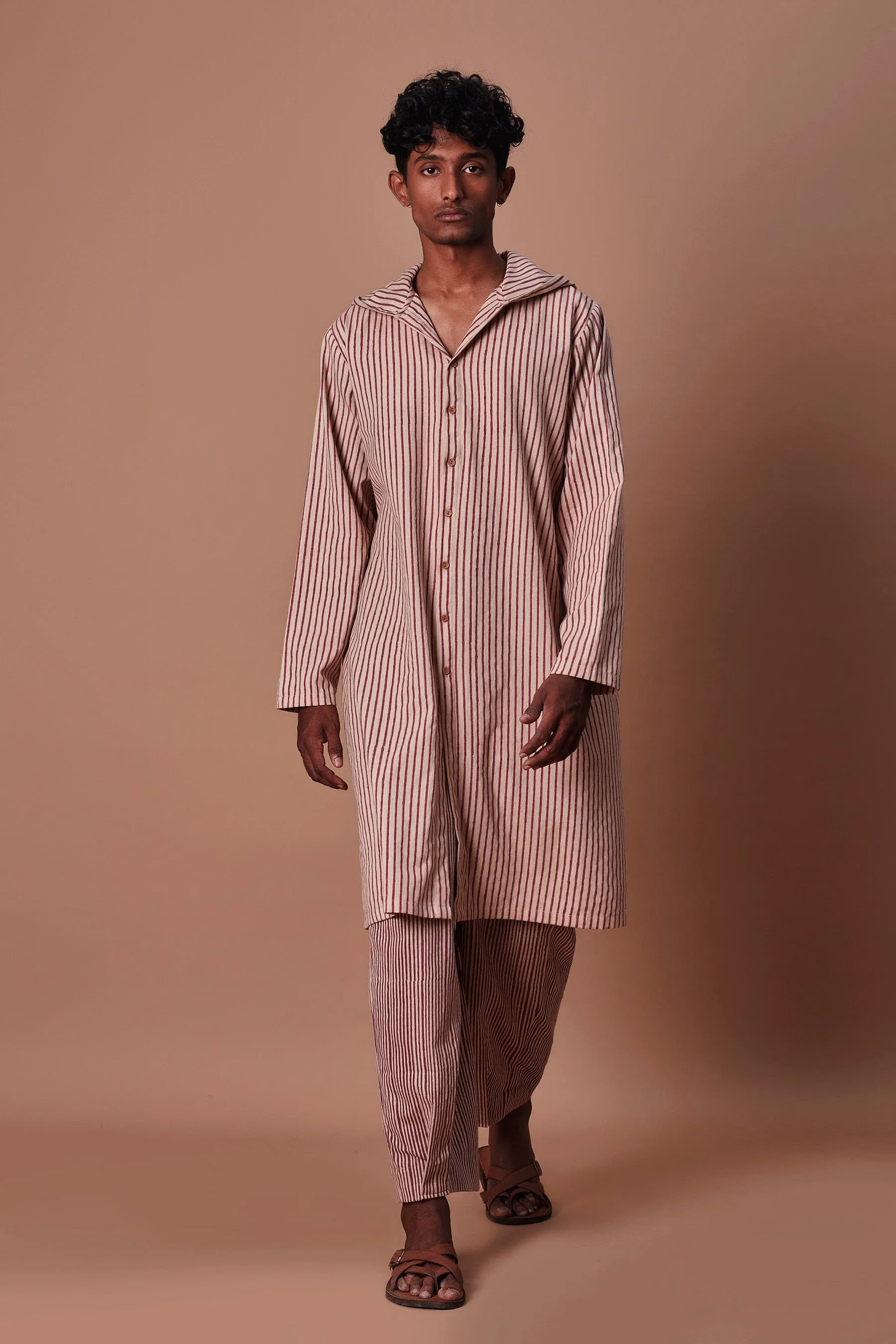 Mati Men's Mauve Hooded Striped Kurta