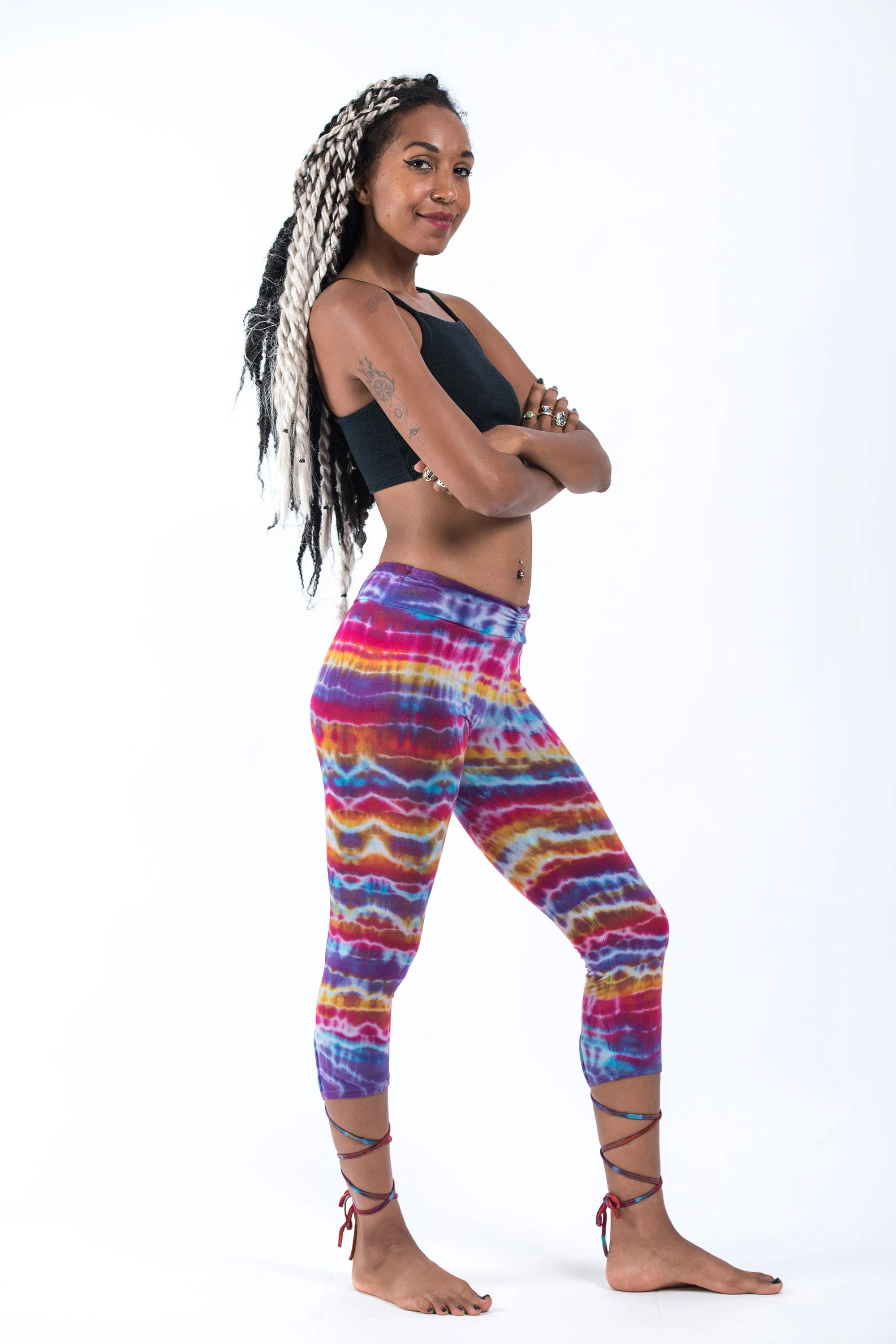 Melting Stripes Tie Dye Cotton Capri Leggings in Sugar Rainbow