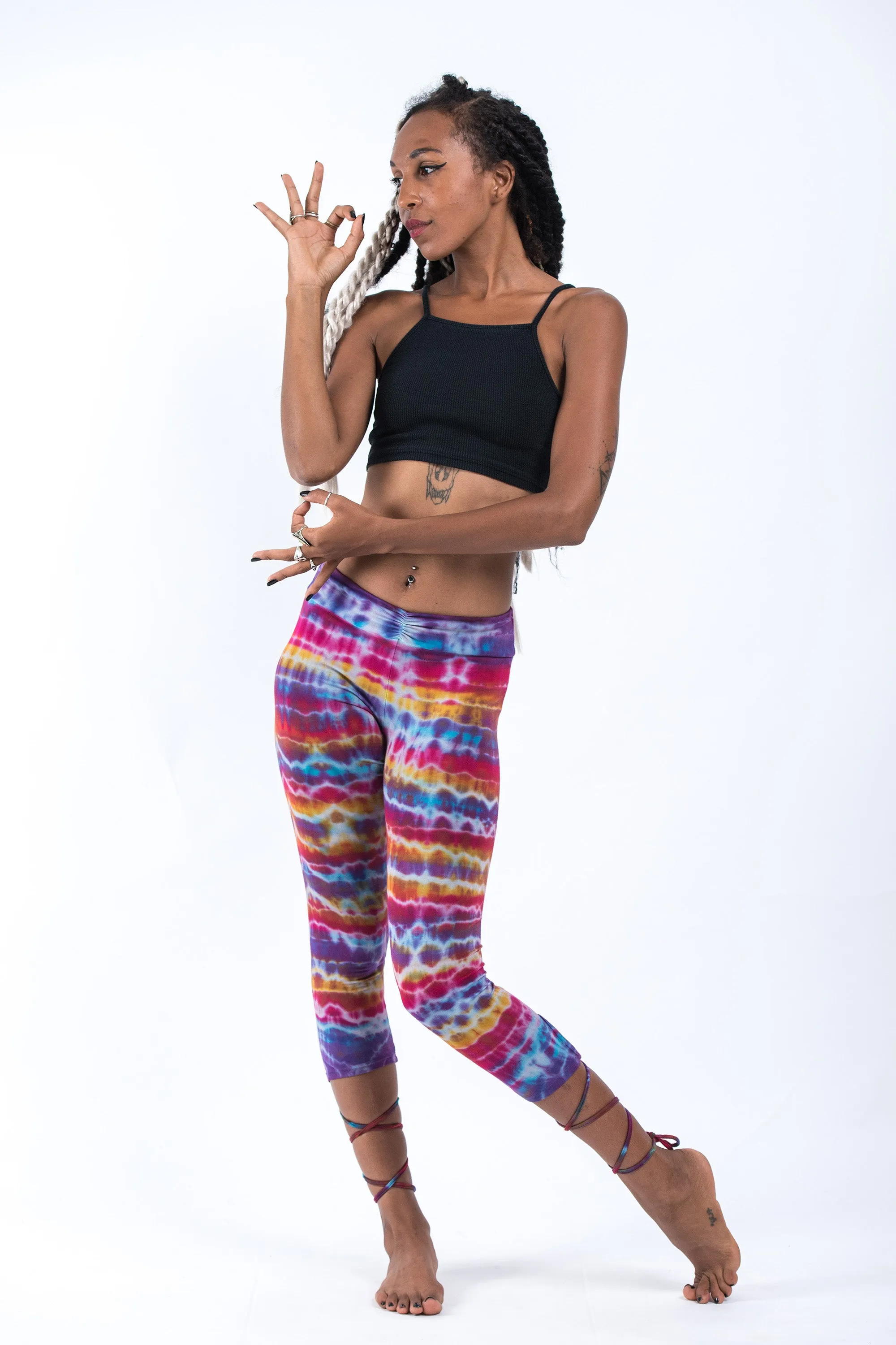 Melting Stripes Tie Dye Cotton Capri Leggings in Sugar Rainbow