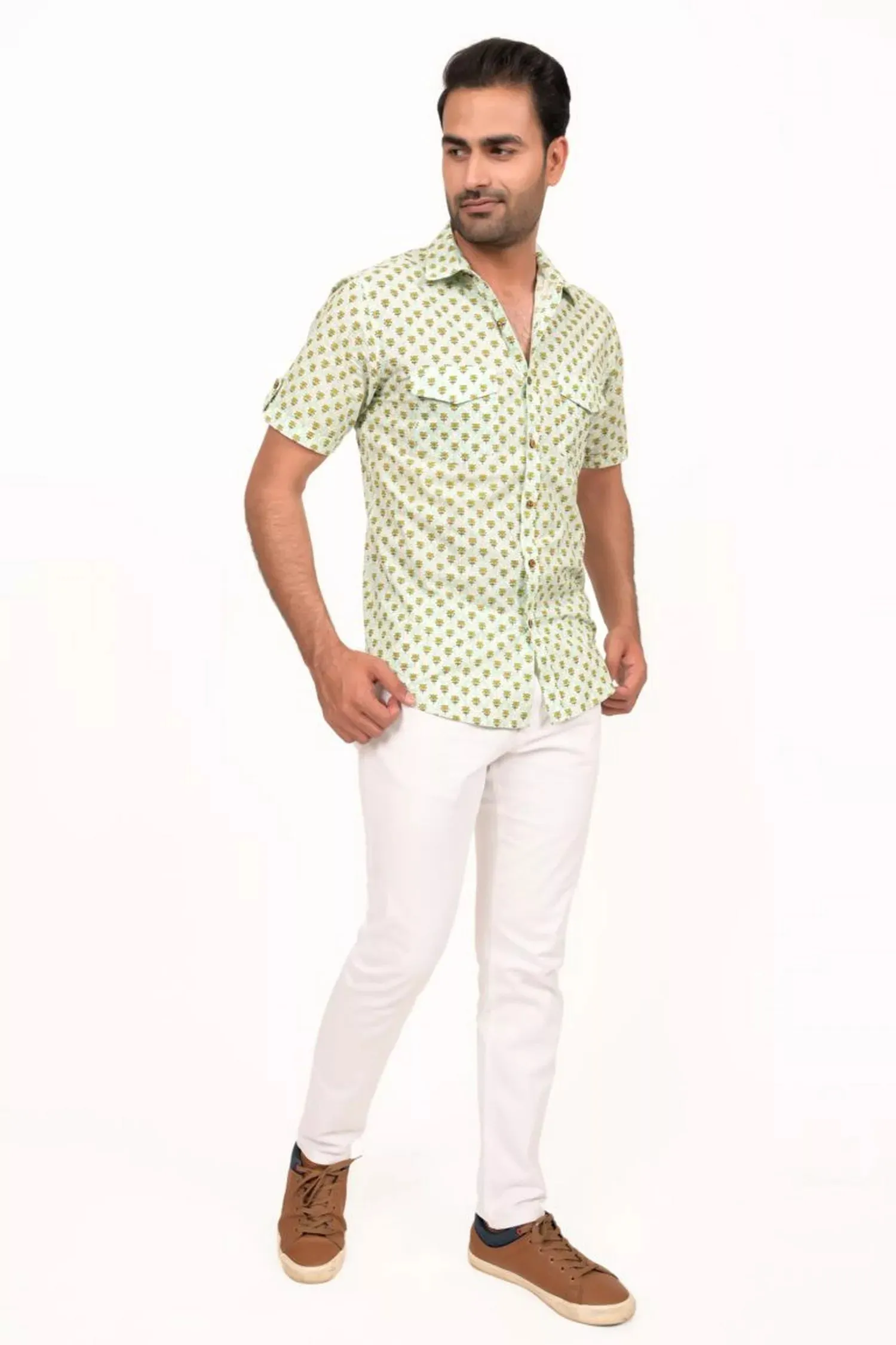 Mint Green Lotus Printed Half Sleeve Shirt