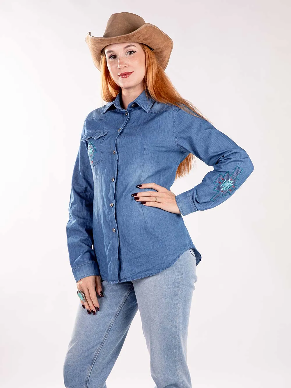 Montana West Embroidered Aztec Pocket Long Sleeve Chambray Shirt