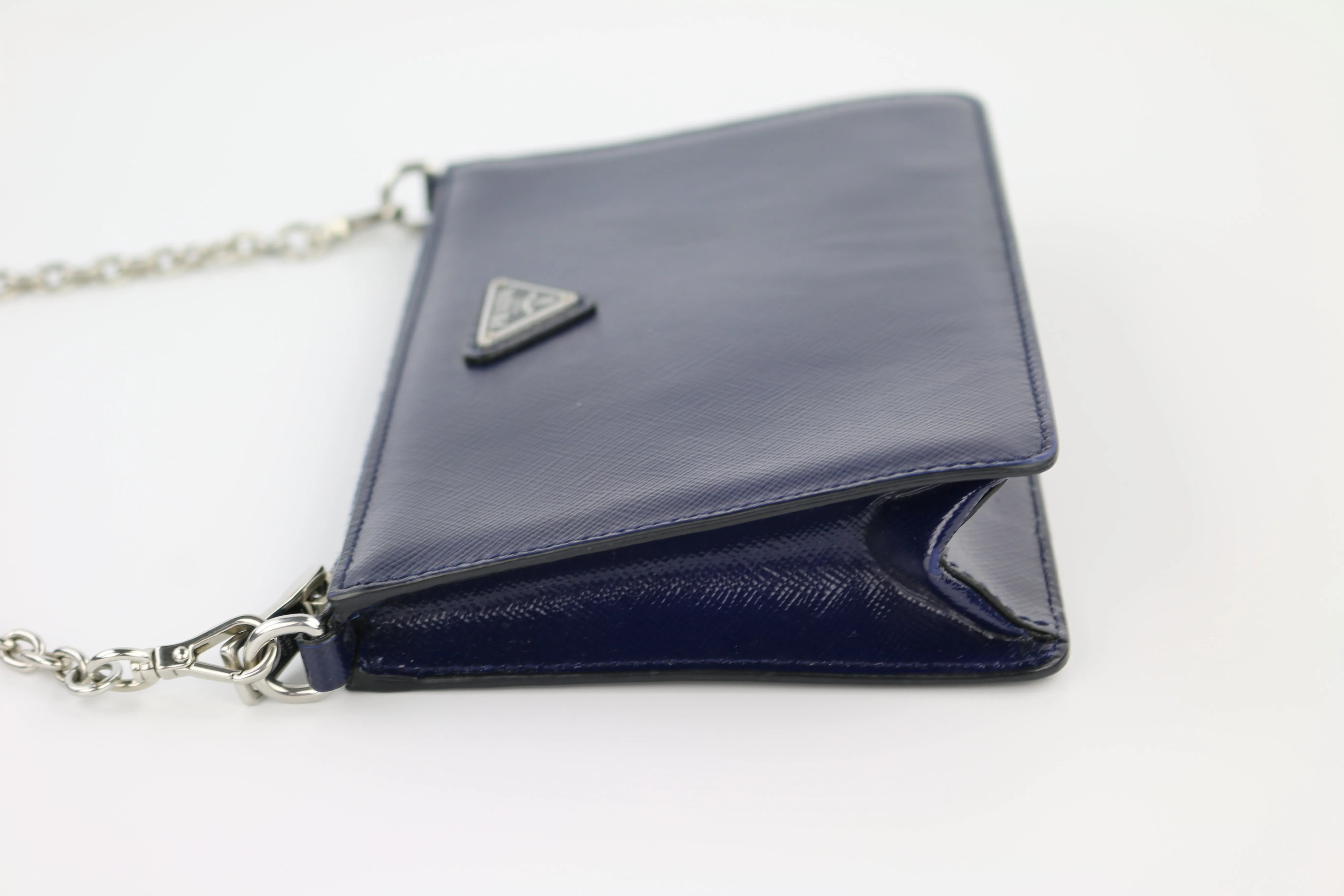 Navy Blue Saffiano Vernice Chain Crossbody Bag