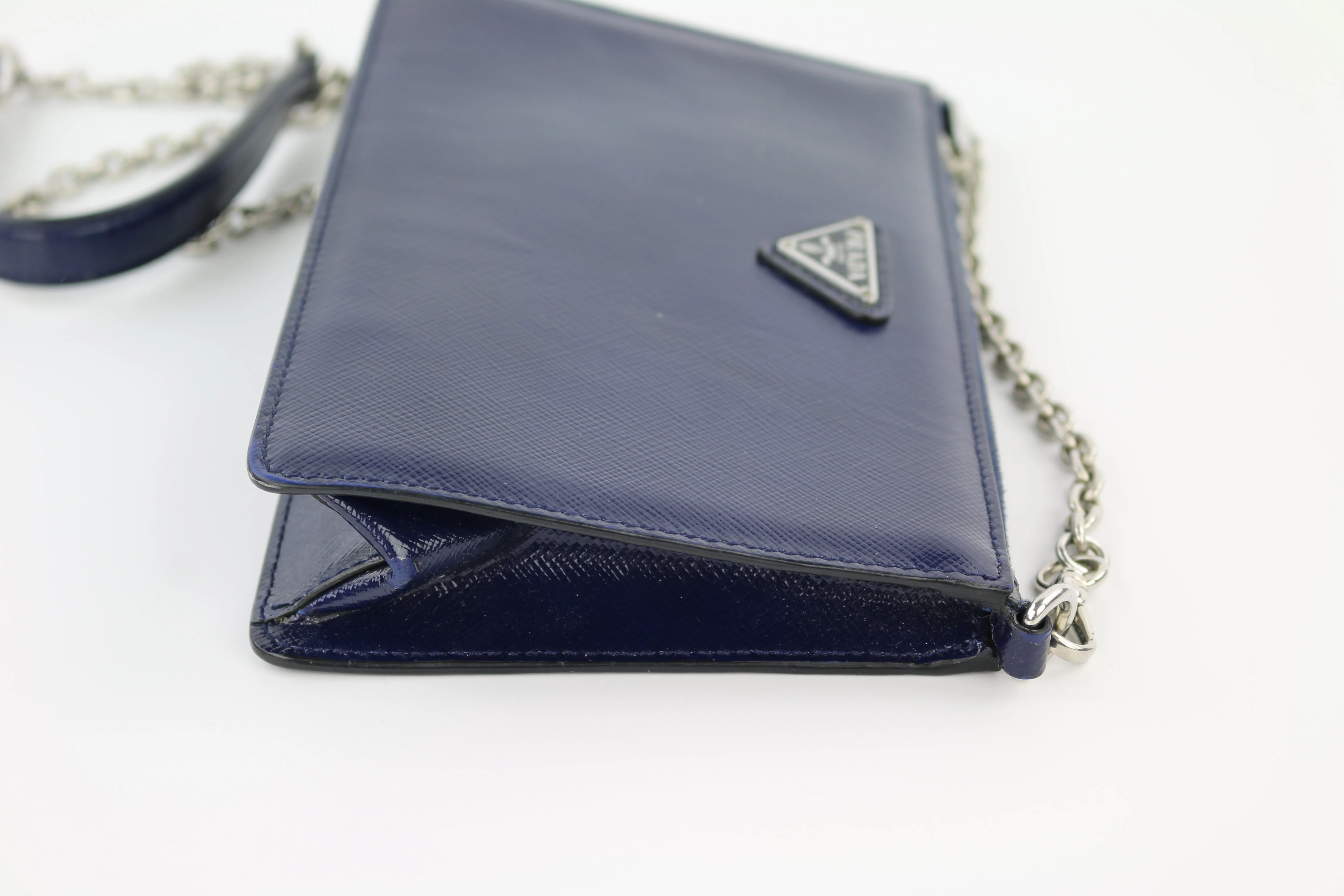 Navy Blue Saffiano Vernice Chain Crossbody Bag