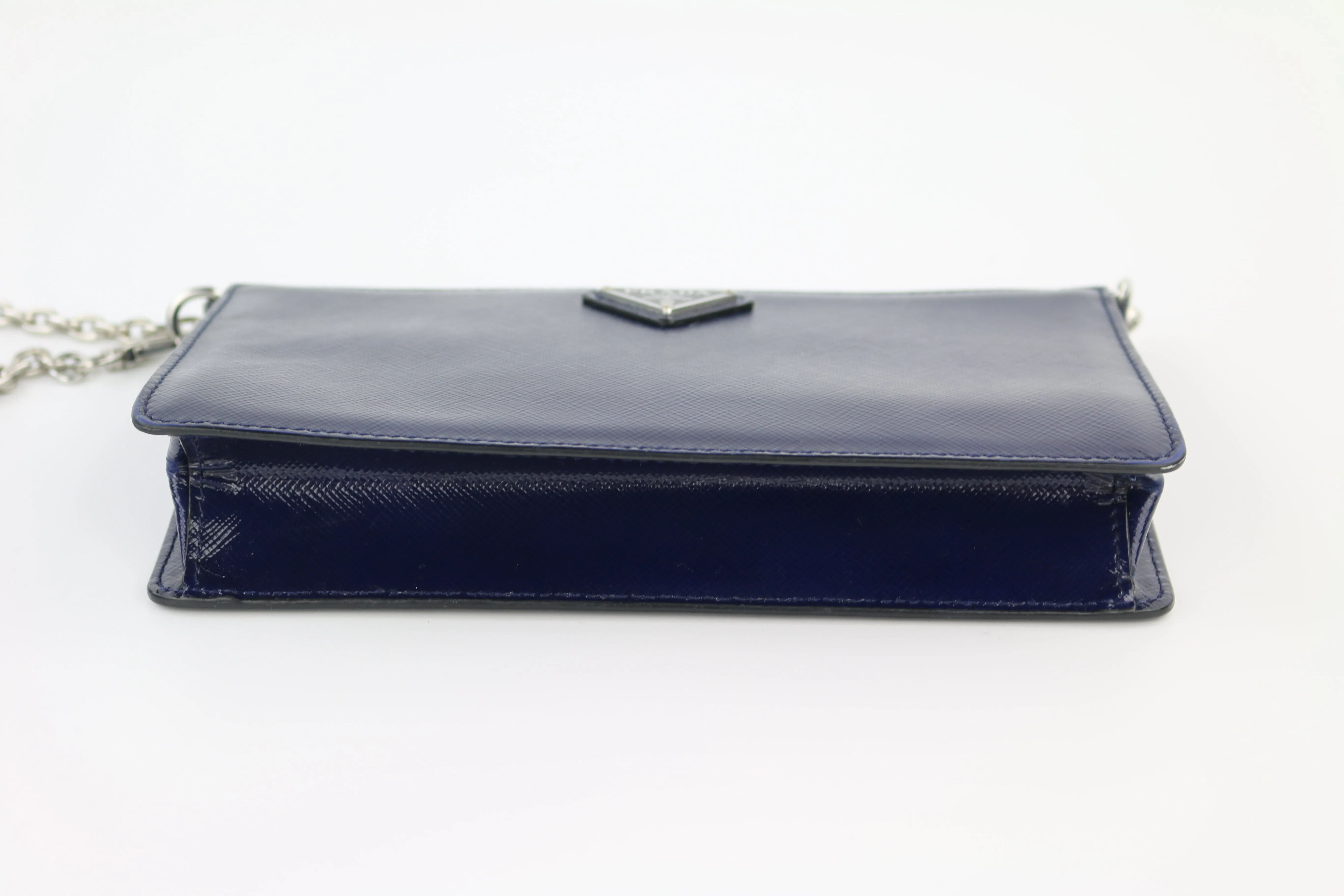 Navy Blue Saffiano Vernice Chain Crossbody Bag