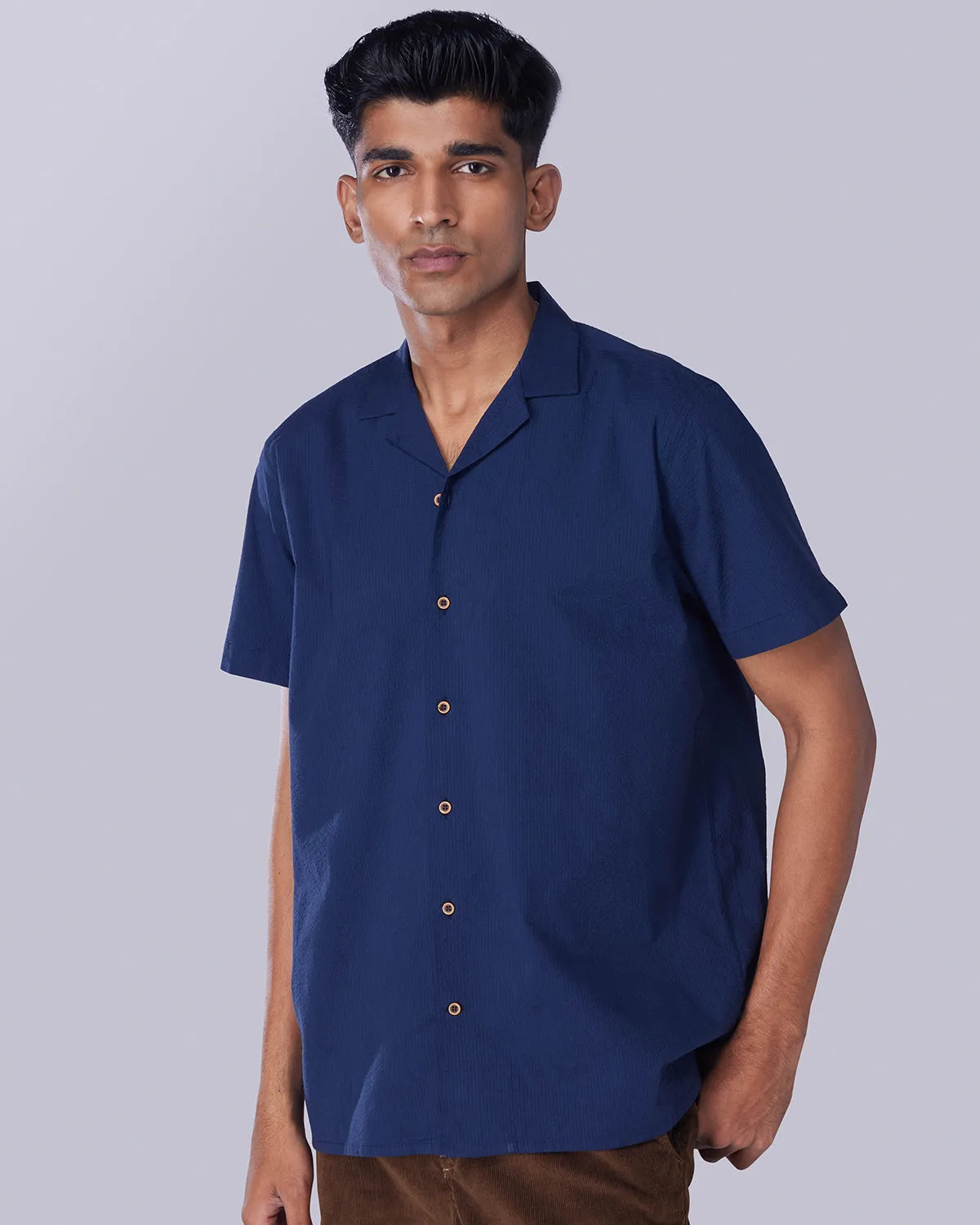 Navy Stretch Seersucker Shirt