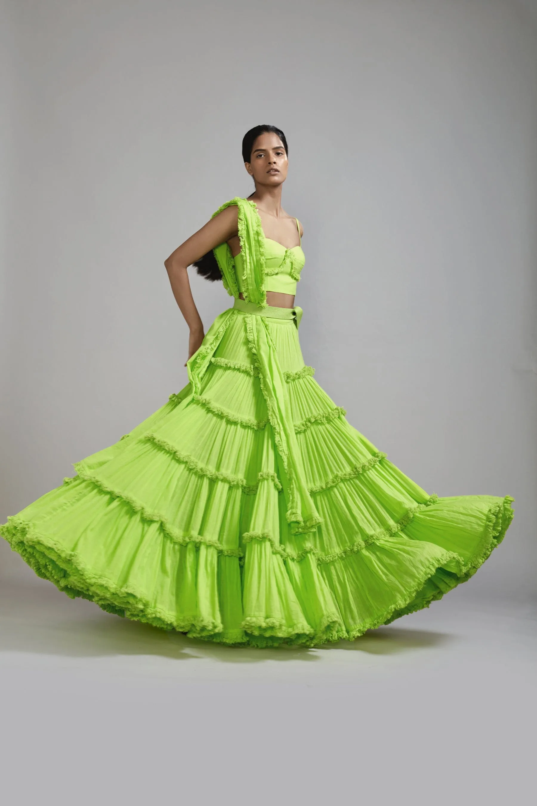 Neon Green Fringed Tiered Lehenga Set (3 PCS)