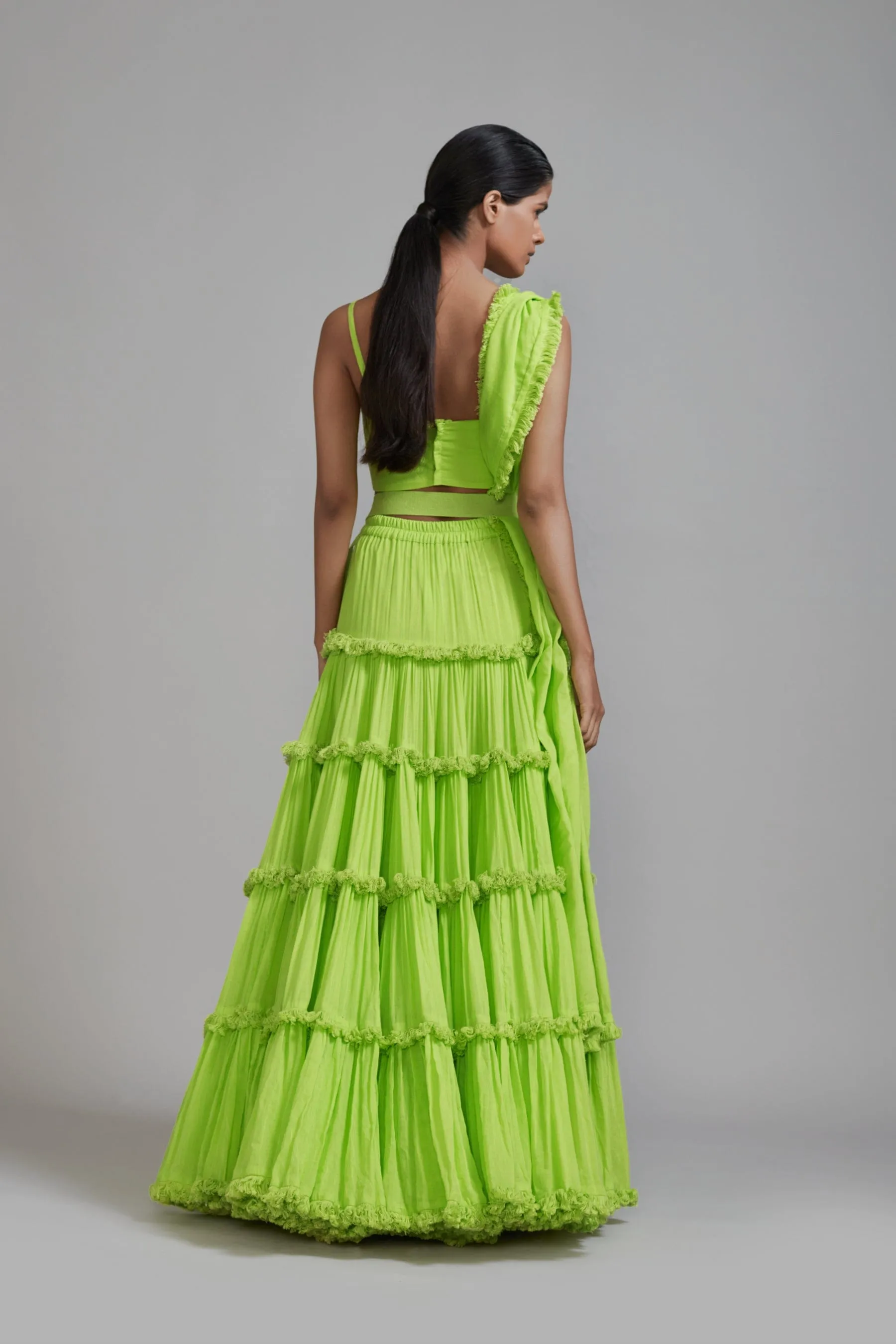 Neon Green Fringed Tiered Lehenga Set (3 PCS)