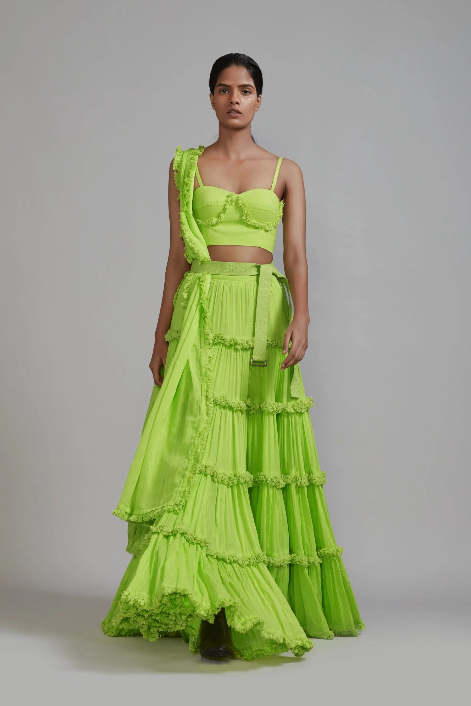 Neon Green Fringed Tiered Lehenga Set (3 PCS)