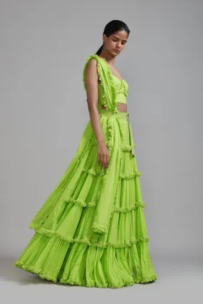 Neon Green Fringed Tiered Lehenga Set (3 PCS)