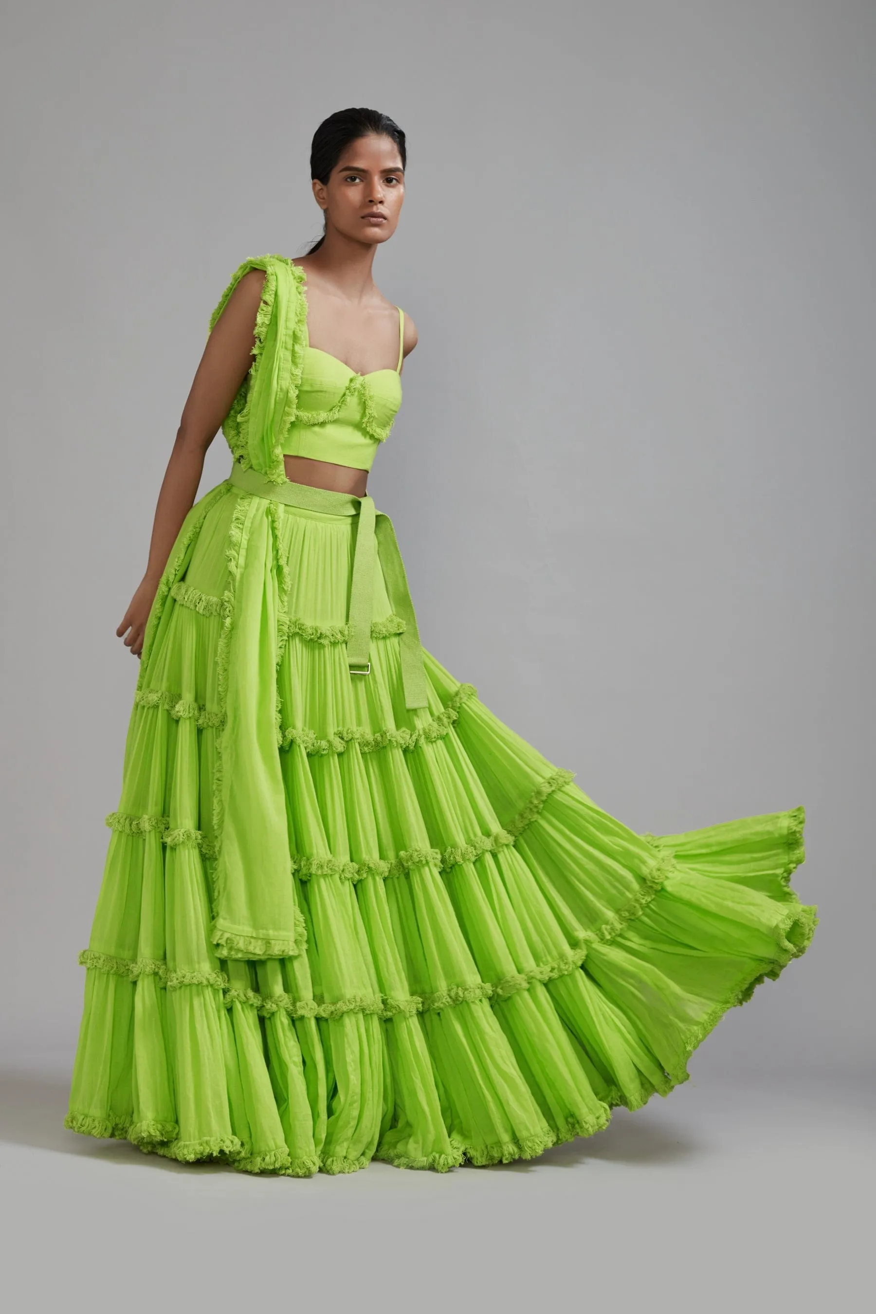 Neon Green Fringed Tiered Lehenga Set (3 PCS)