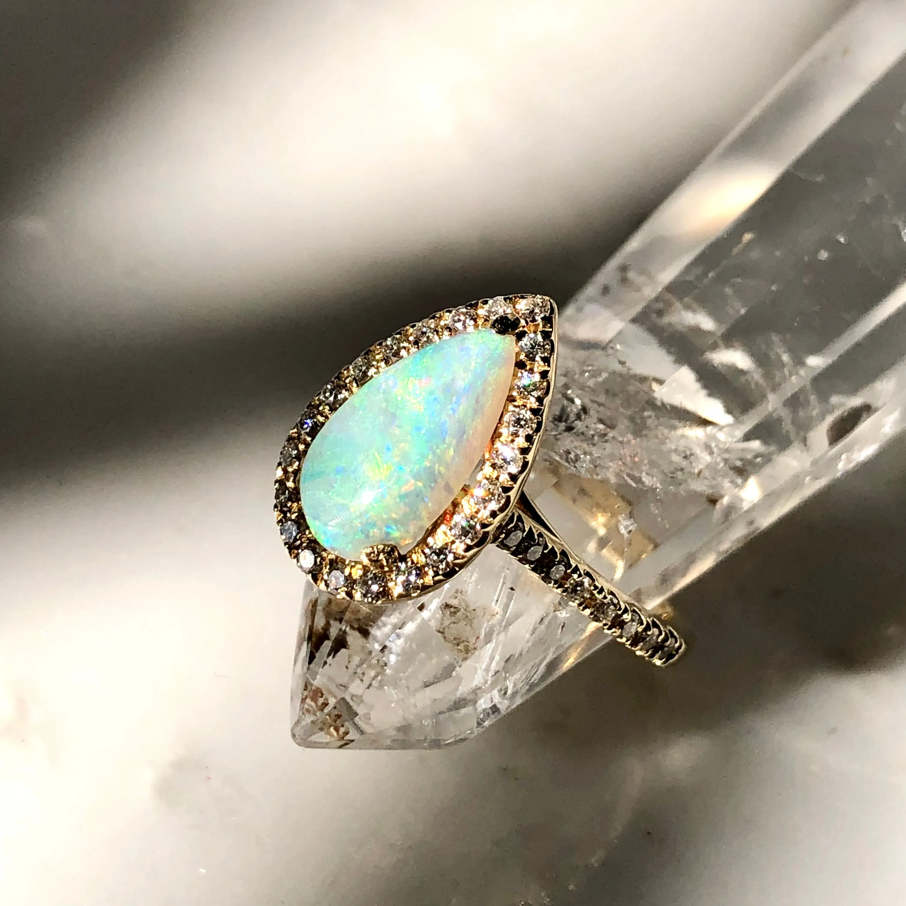 Opal and Diamond Engagement Ring - 14k Yellow Gold Opal Diamond Halo Ring - Australian Opal Ring - Pear Opal Diamond Ring