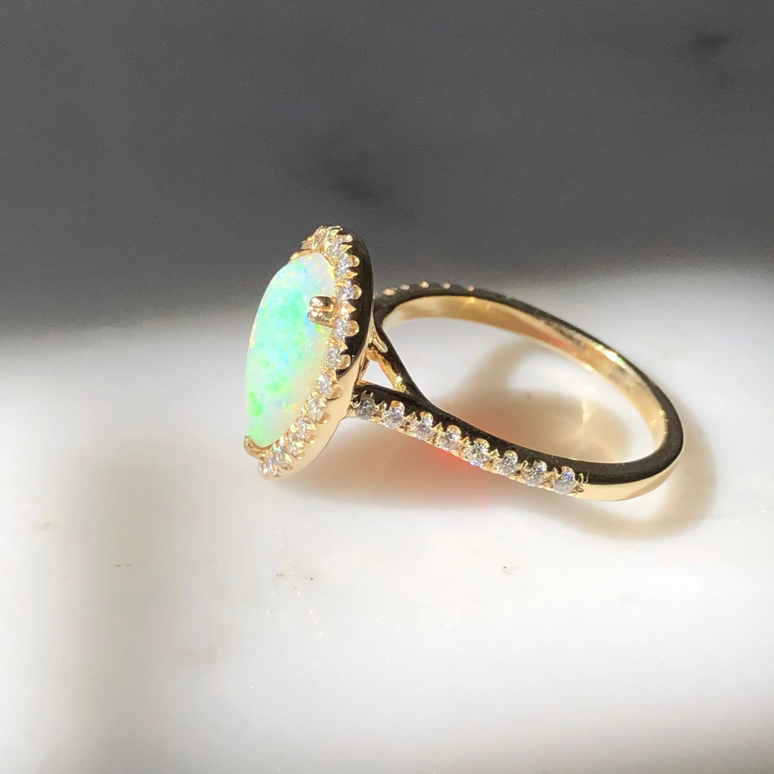 Opal and Diamond Engagement Ring - 14k Yellow Gold Opal Diamond Halo Ring - Australian Opal Ring - Pear Opal Diamond Ring