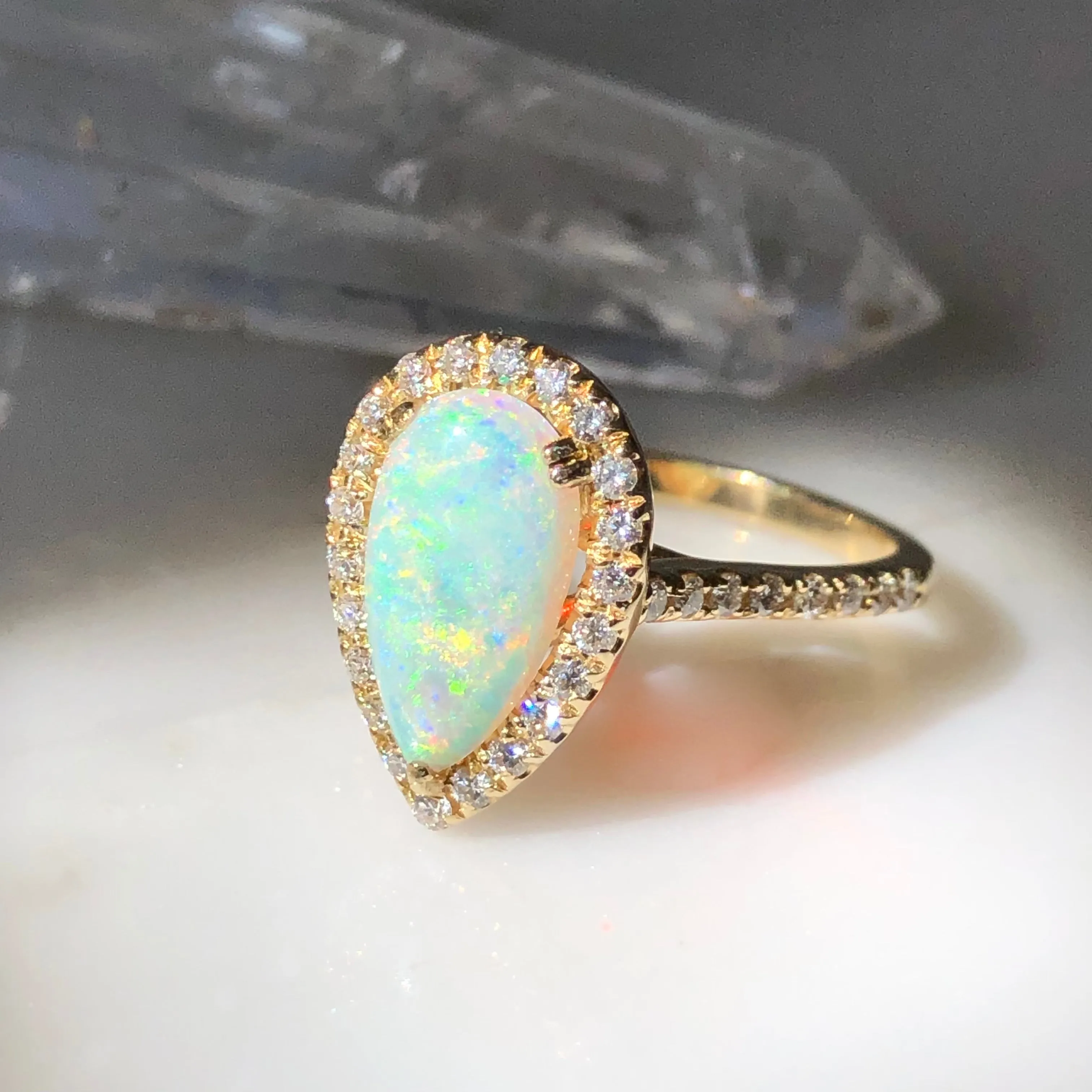 Opal and Diamond Engagement Ring - 14k Yellow Gold Opal Diamond Halo Ring - Australian Opal Ring - Pear Opal Diamond Ring