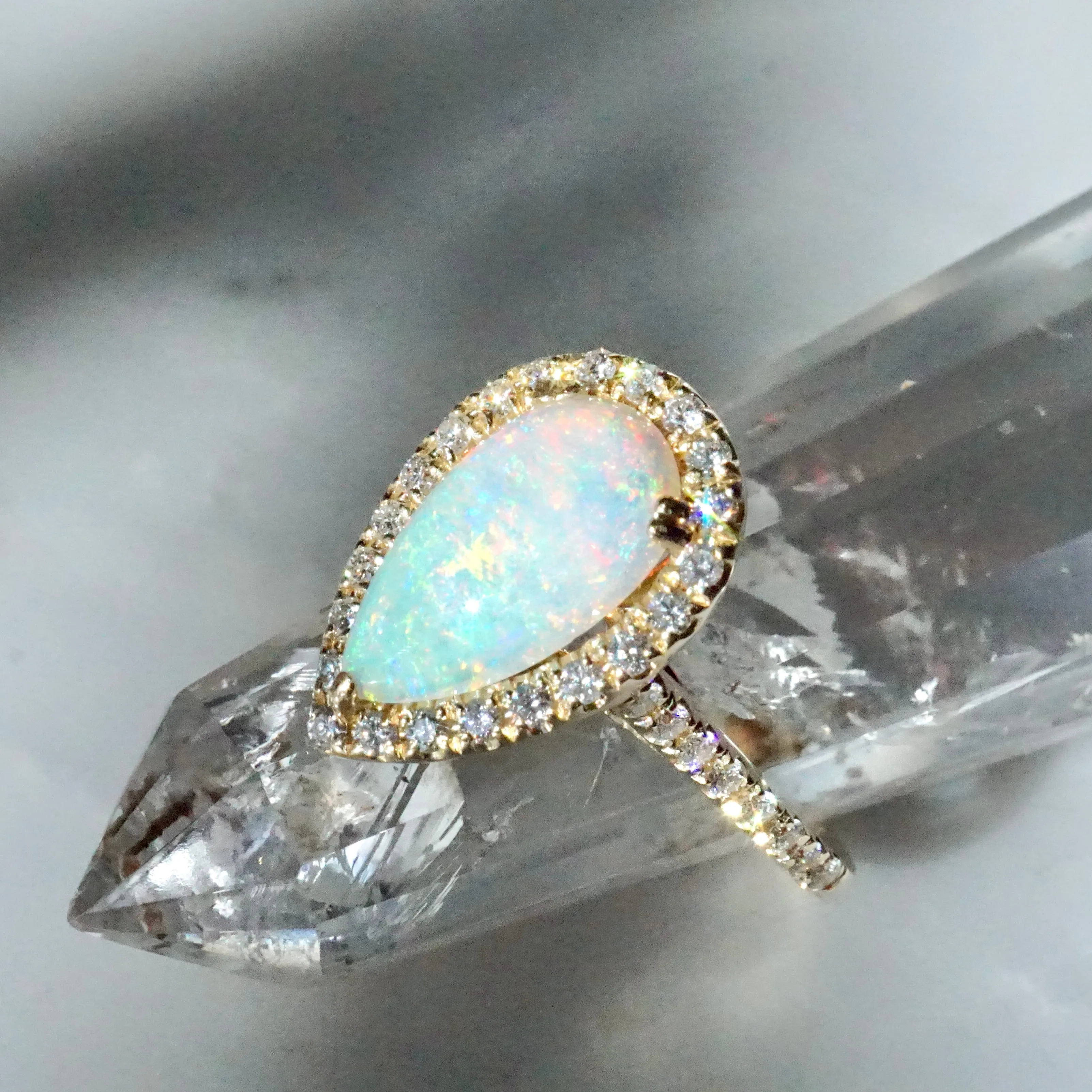 Opal and Diamond Engagement Ring - 14k Yellow Gold Opal Diamond Halo Ring - Australian Opal Ring - Pear Opal Diamond Ring