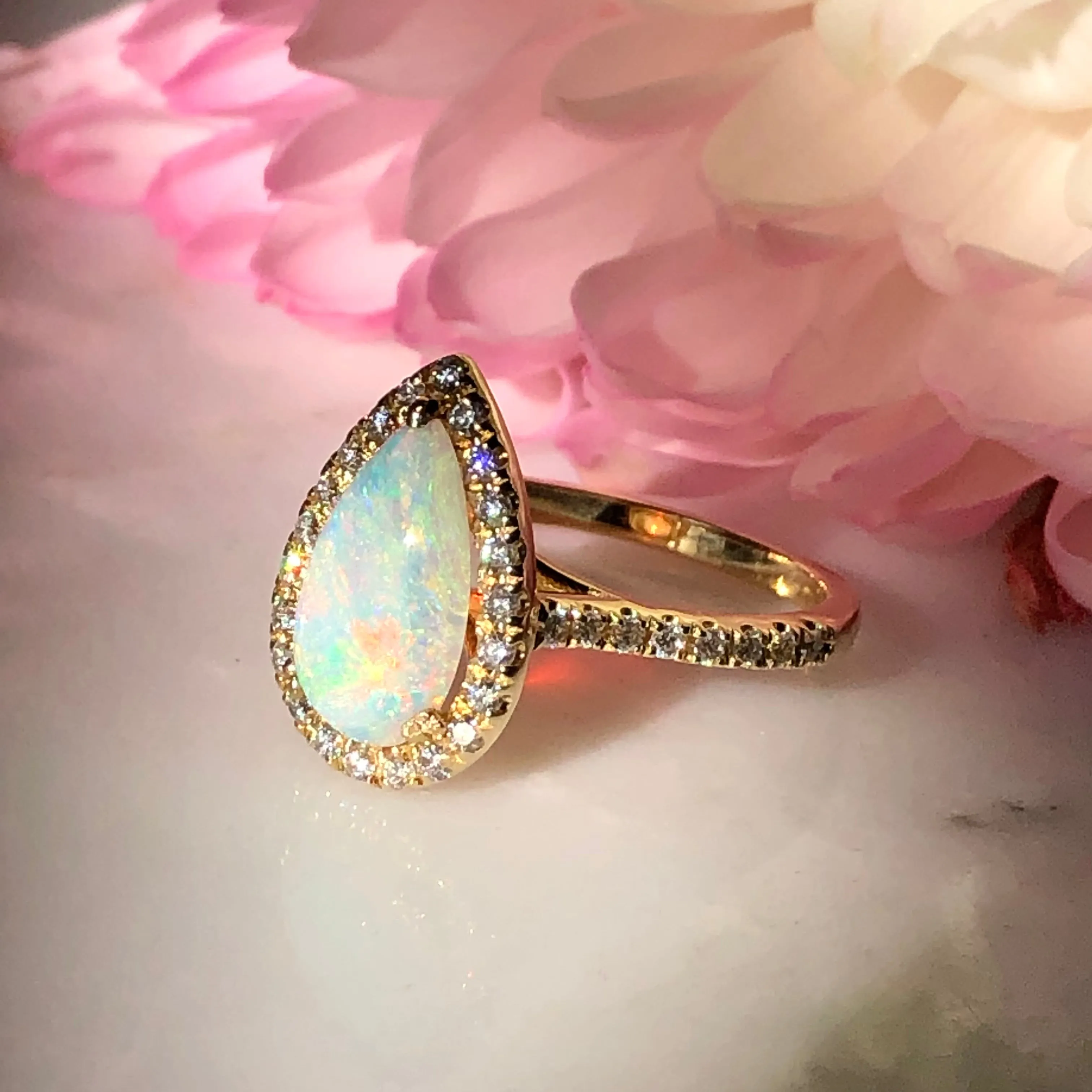 Opal and Diamond Engagement Ring - 14k Yellow Gold Opal Diamond Halo Ring - Australian Opal Ring - Pear Opal Diamond Ring