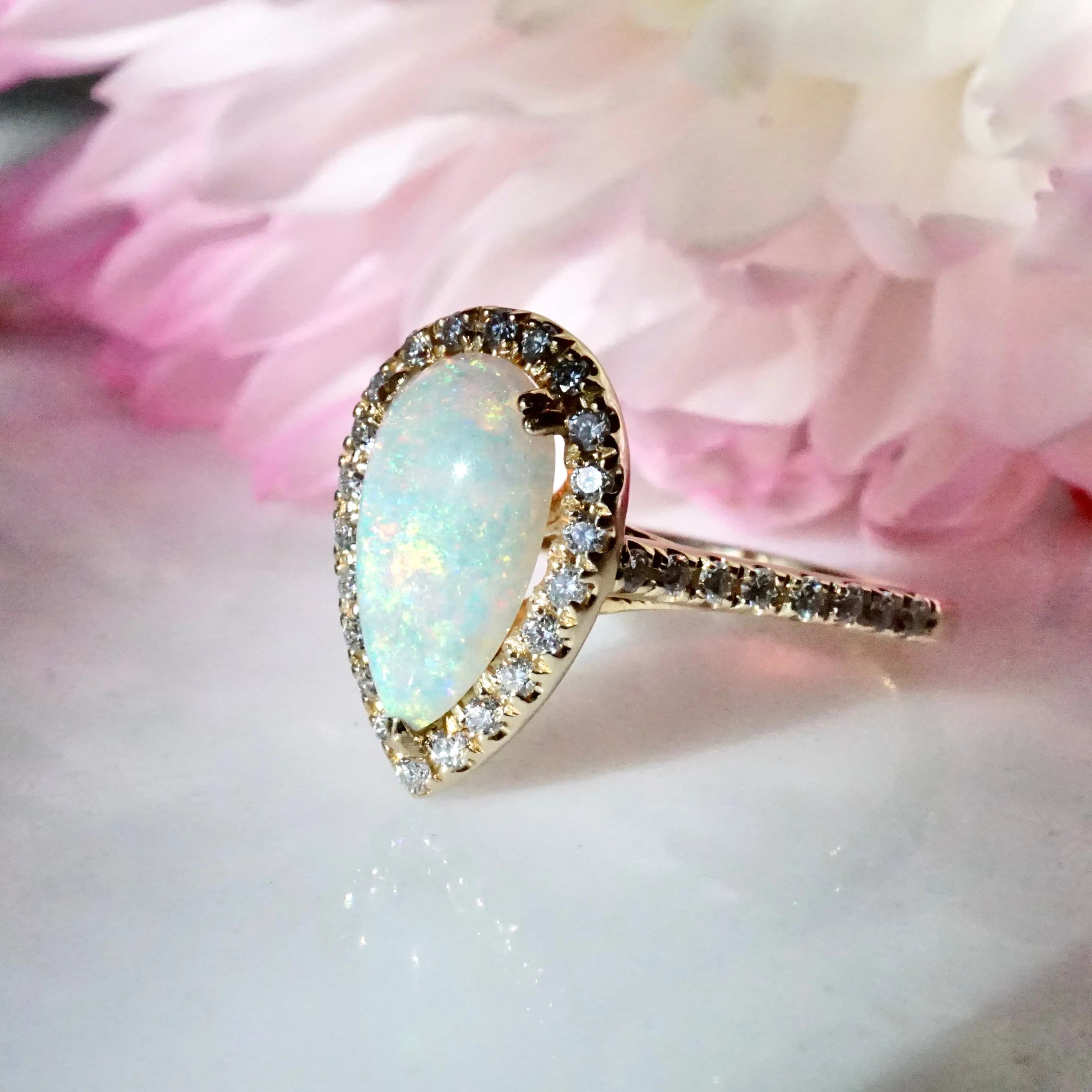 Opal and Diamond Engagement Ring - 14k Yellow Gold Opal Diamond Halo Ring - Australian Opal Ring - Pear Opal Diamond Ring