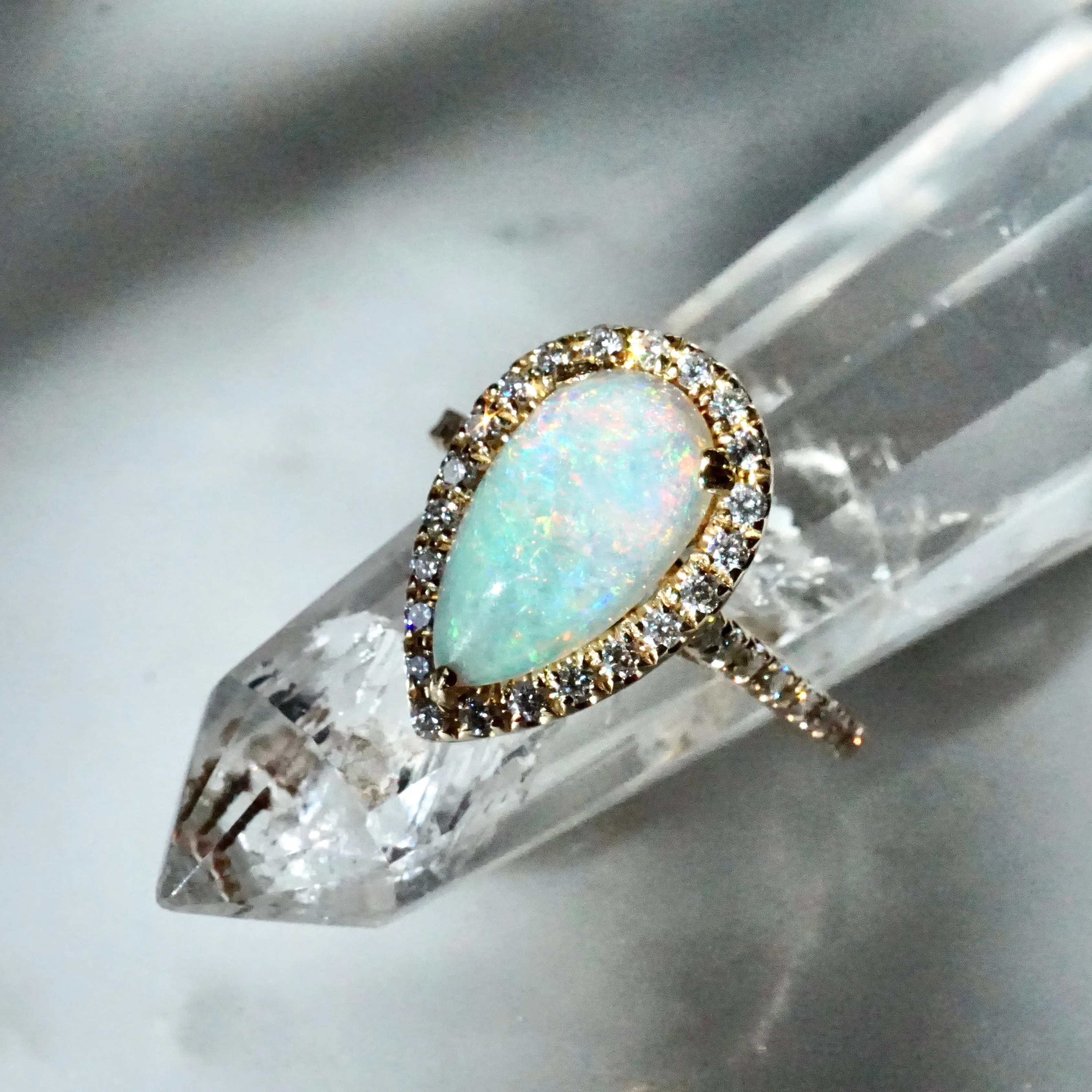 Opal and Diamond Engagement Ring - 14k Yellow Gold Opal Diamond Halo Ring - Australian Opal Ring - Pear Opal Diamond Ring