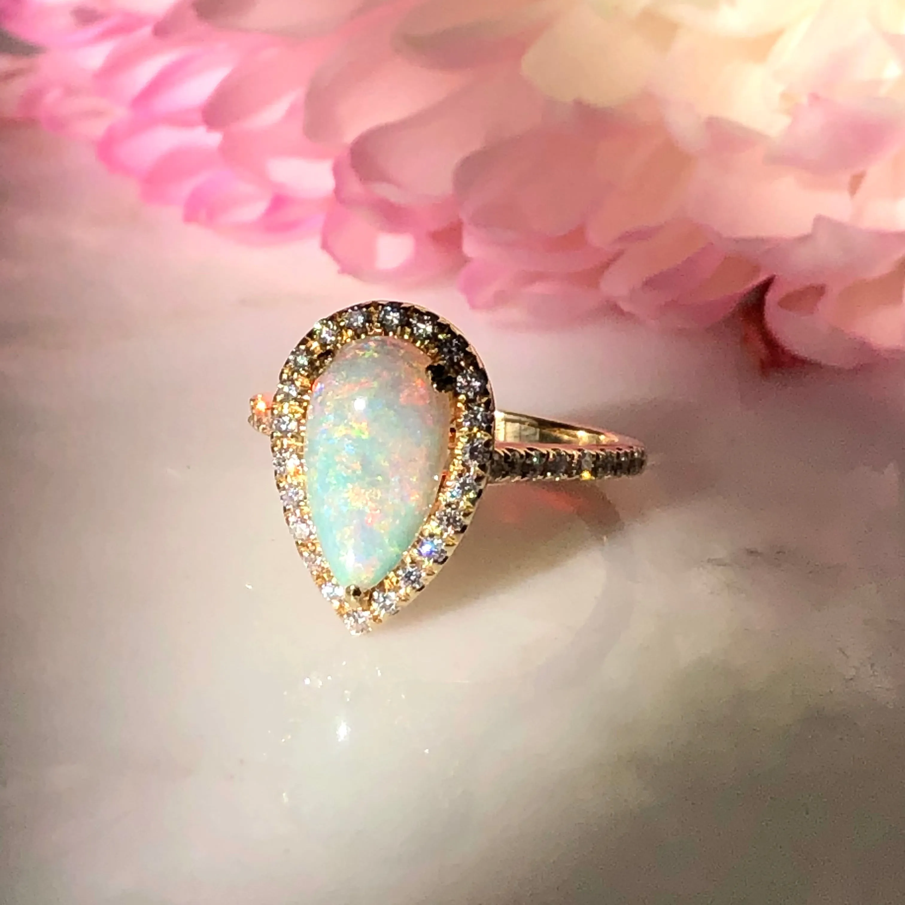 Opal and Diamond Engagement Ring - 14k Yellow Gold Opal Diamond Halo Ring - Australian Opal Ring - Pear Opal Diamond Ring