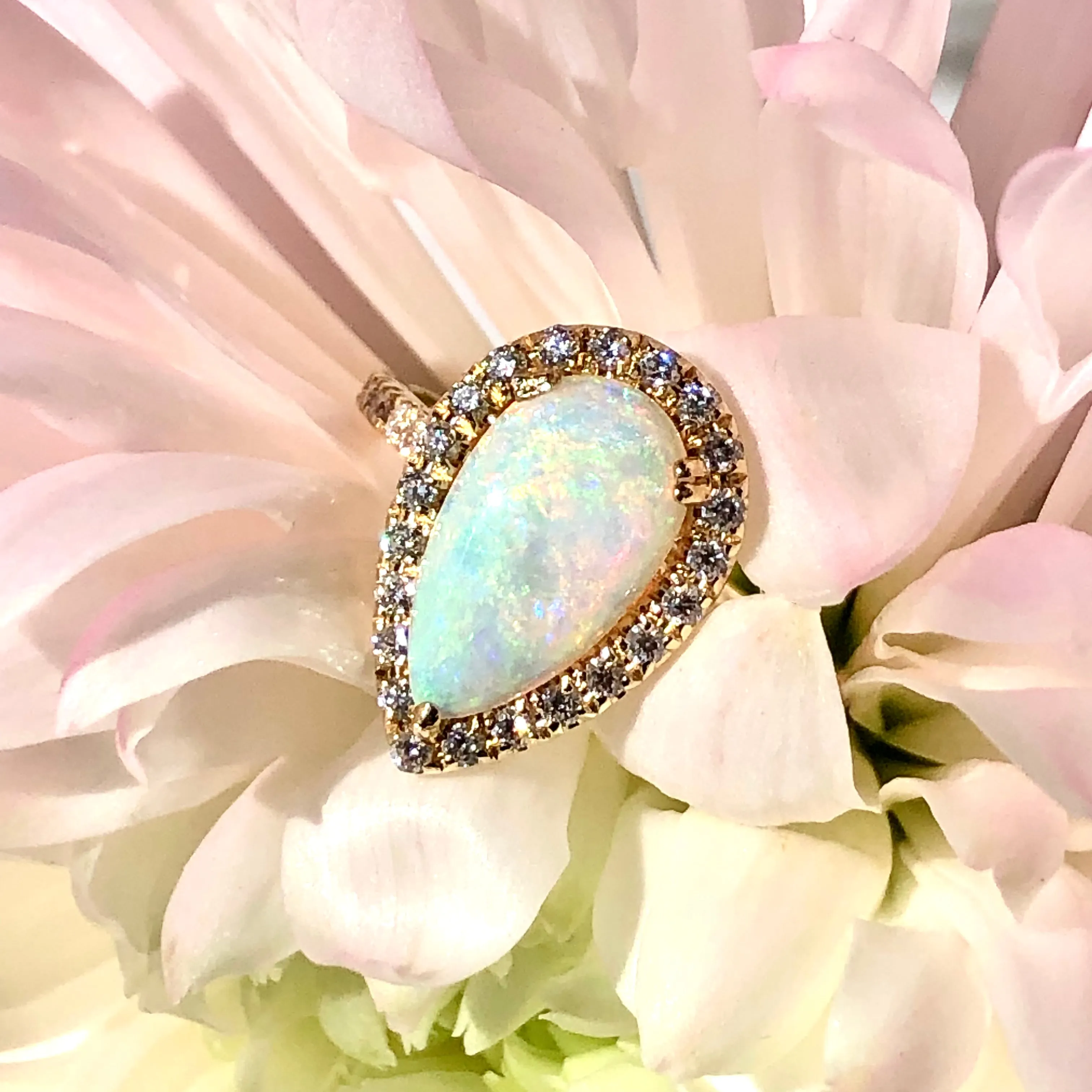 Opal and Diamond Engagement Ring - 14k Yellow Gold Opal Diamond Halo Ring - Australian Opal Ring - Pear Opal Diamond Ring