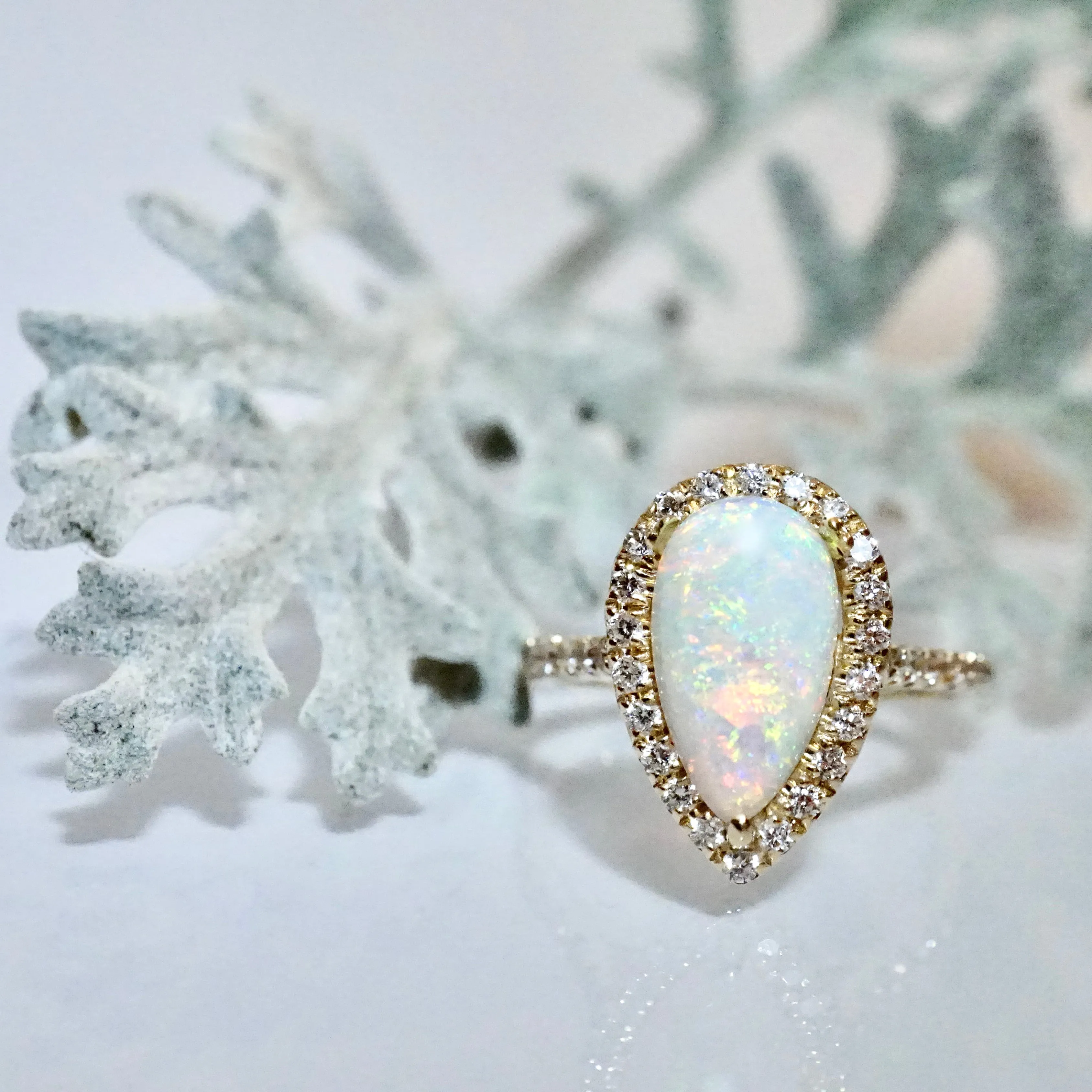 Opal and Diamond Engagement Ring - 14k Yellow Gold Opal Diamond Halo Ring - Australian Opal Ring - Pear Opal Diamond Ring