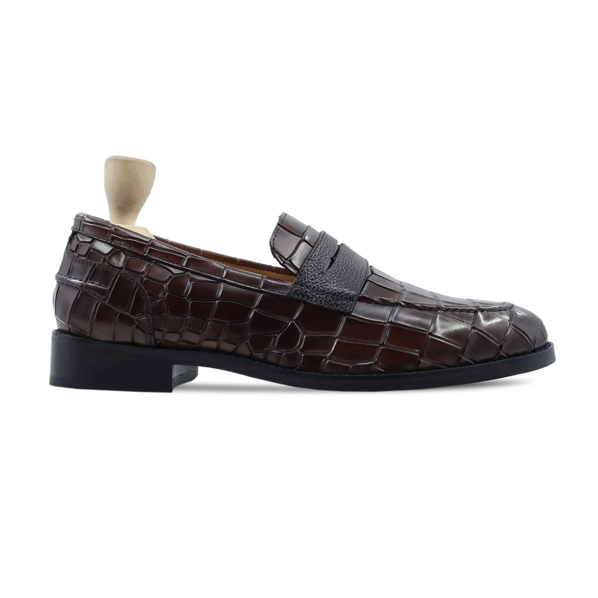 Oregano - Men's Dark Brown Crocodile Printed Calf Leather Loafer