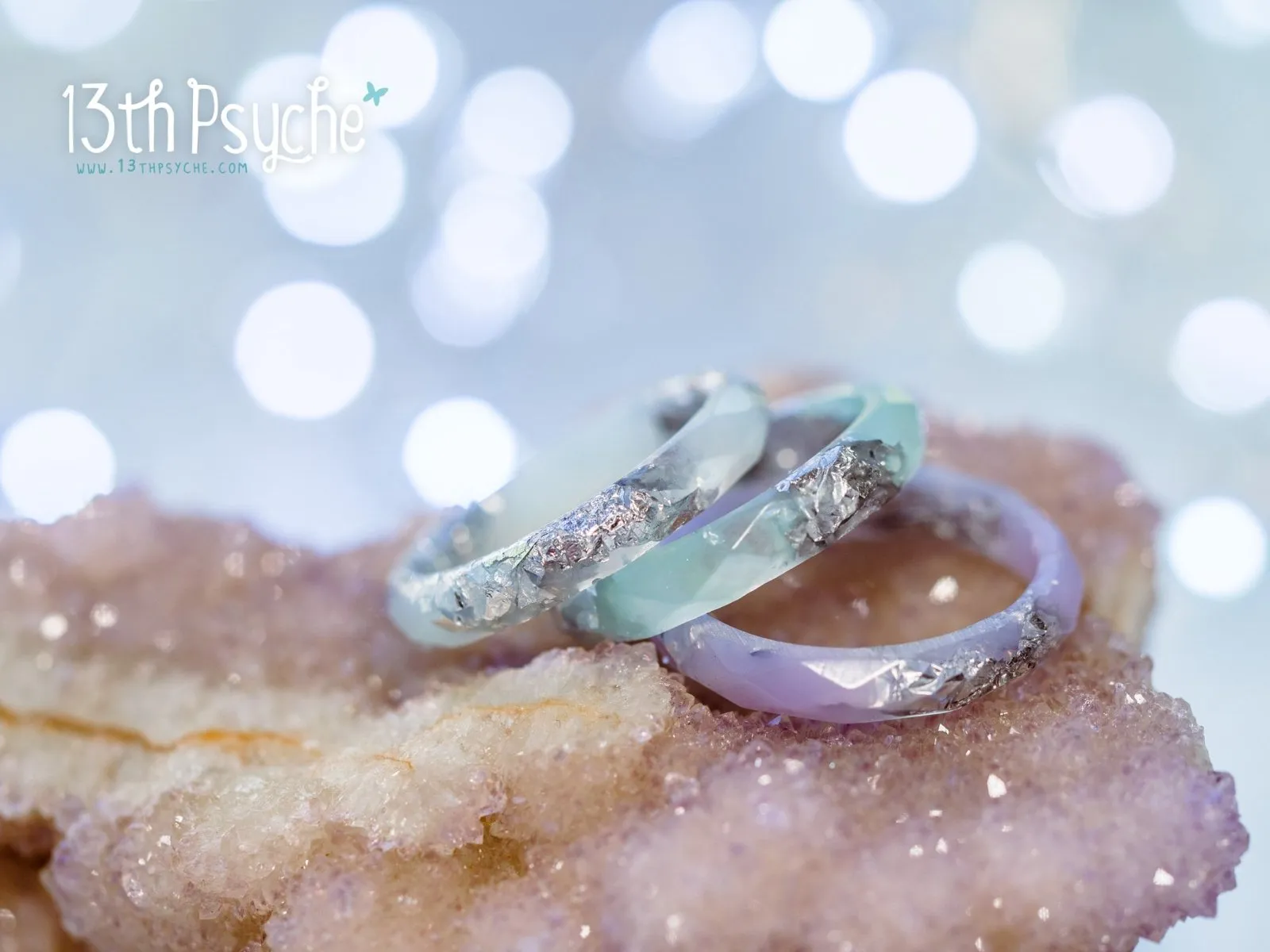 Pastel blue, purple and mint with silver flakes faceted resin ring set of 3