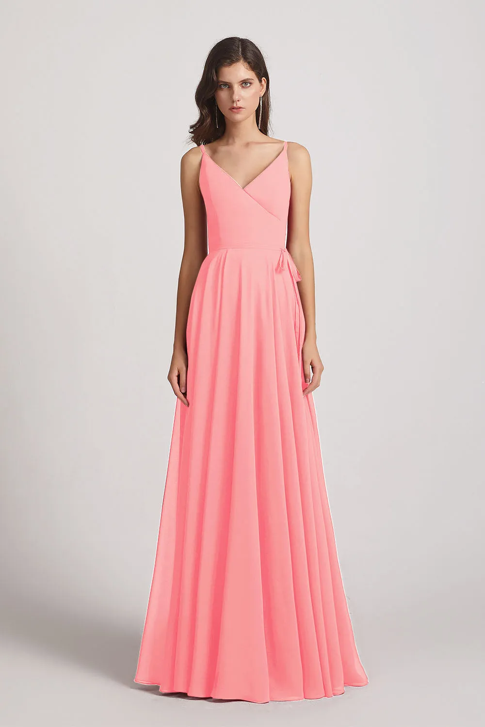 Pleated A-Line Spaghetti Straps V-Neck Chiffon Bridesmaid Dresses (AF0010)