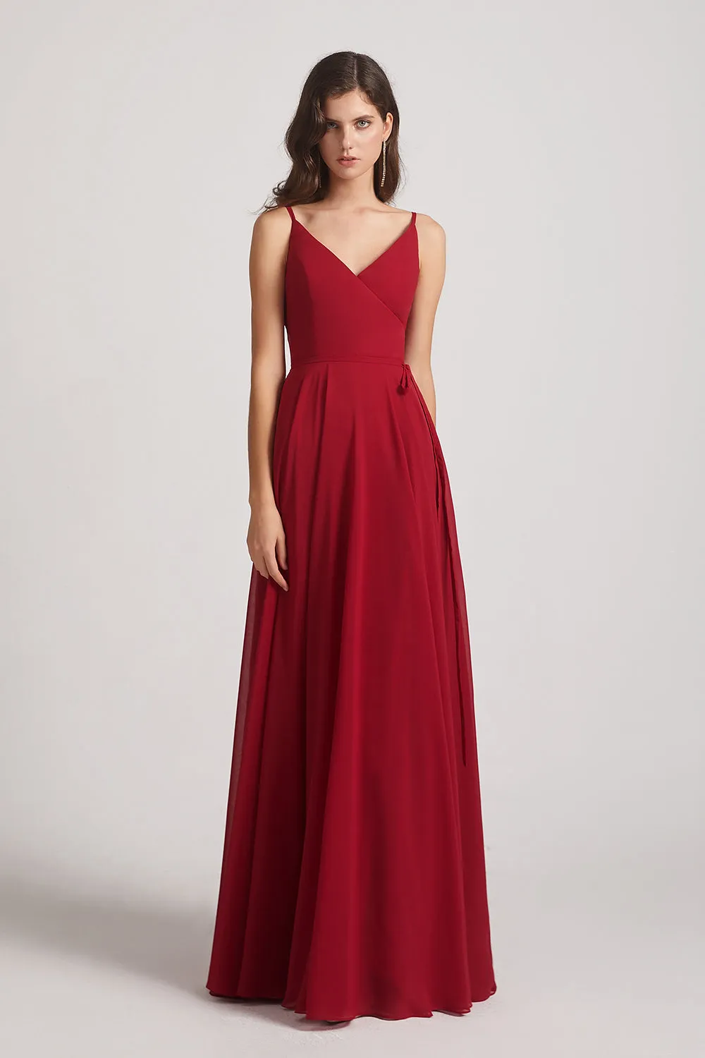 Pleated A-Line Spaghetti Straps V-Neck Chiffon Bridesmaid Dresses (AF0010)