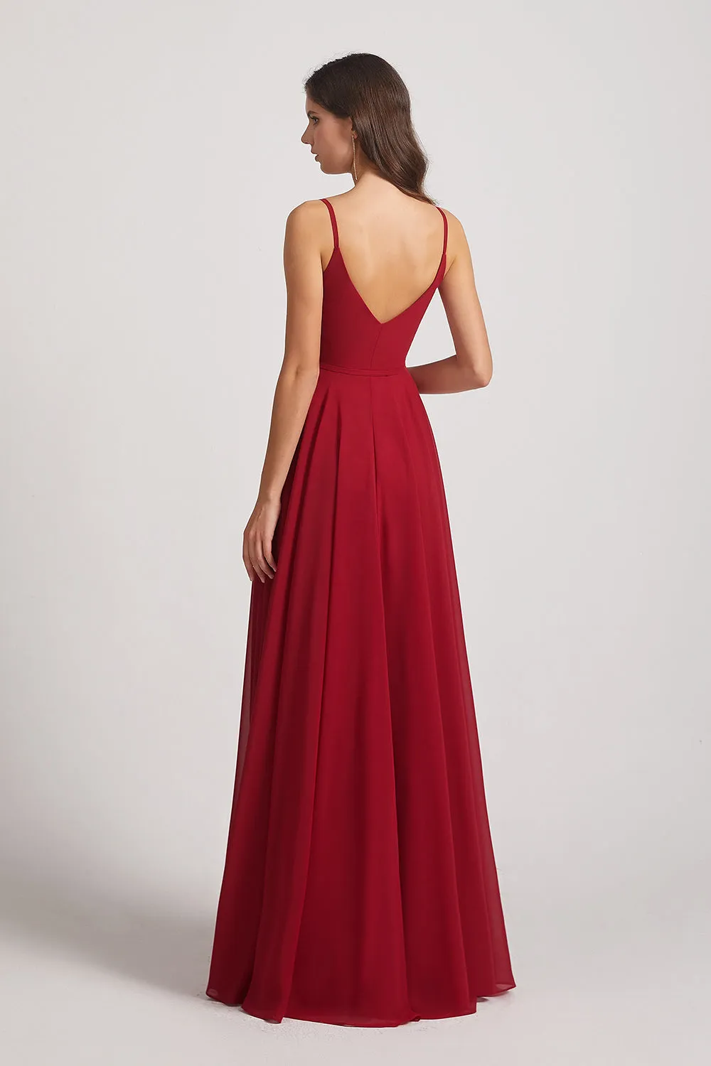 Pleated A-Line Spaghetti Straps V-Neck Chiffon Bridesmaid Dresses (AF0010)