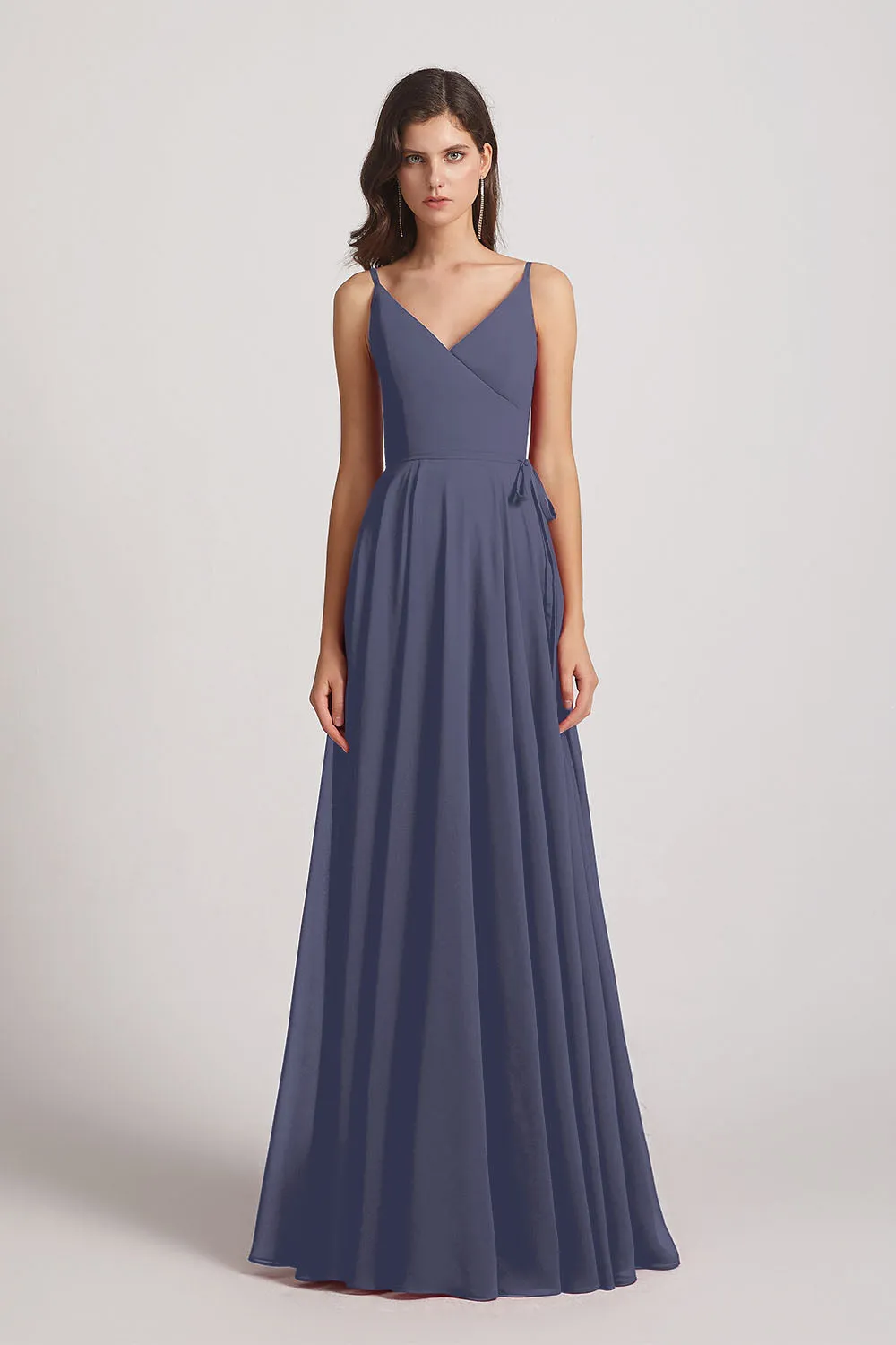 Pleated A-Line Spaghetti Straps V-Neck Chiffon Bridesmaid Dresses (AF0010)