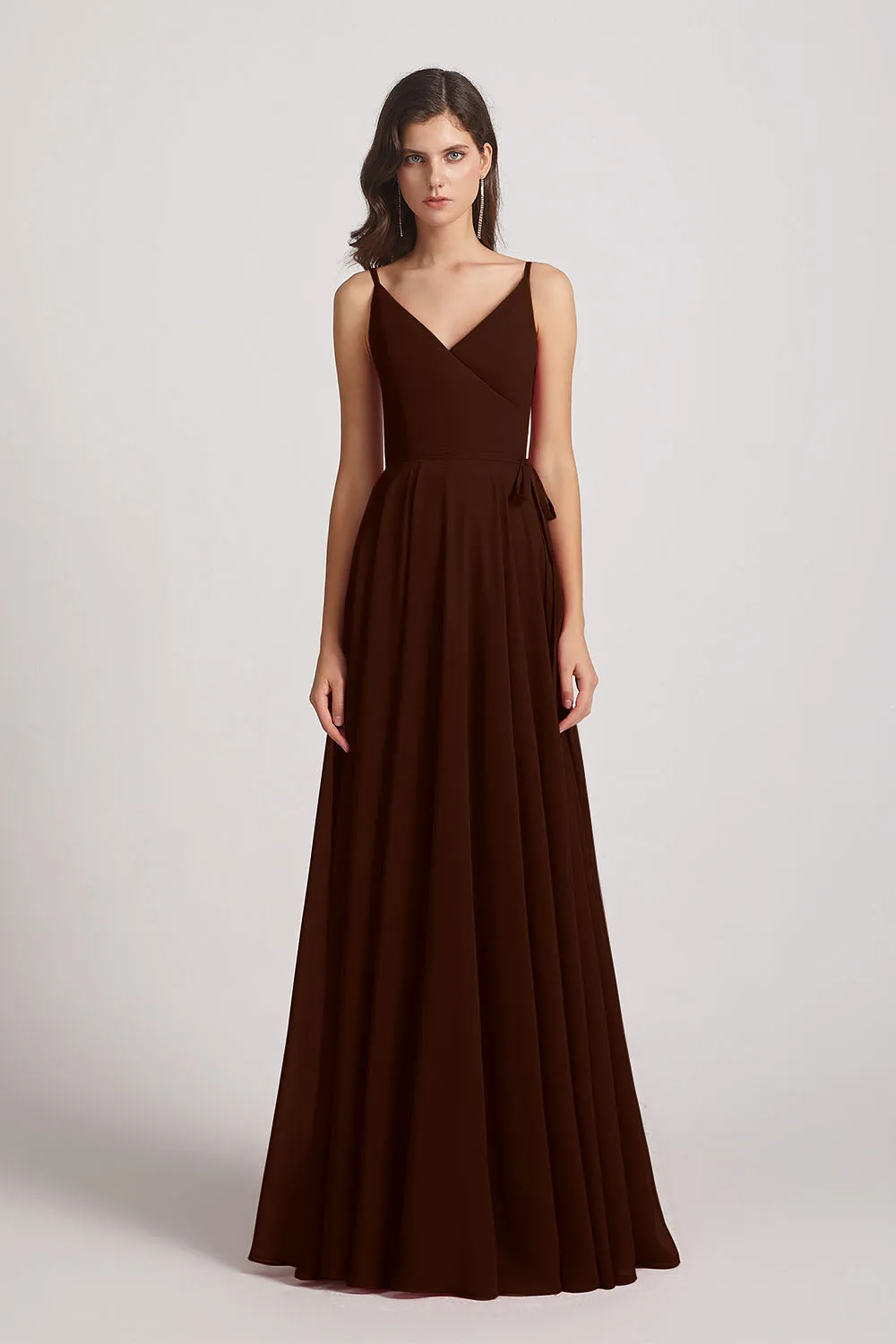 Pleated A-Line Spaghetti Straps V-Neck Chiffon Bridesmaid Dresses (AF0010)