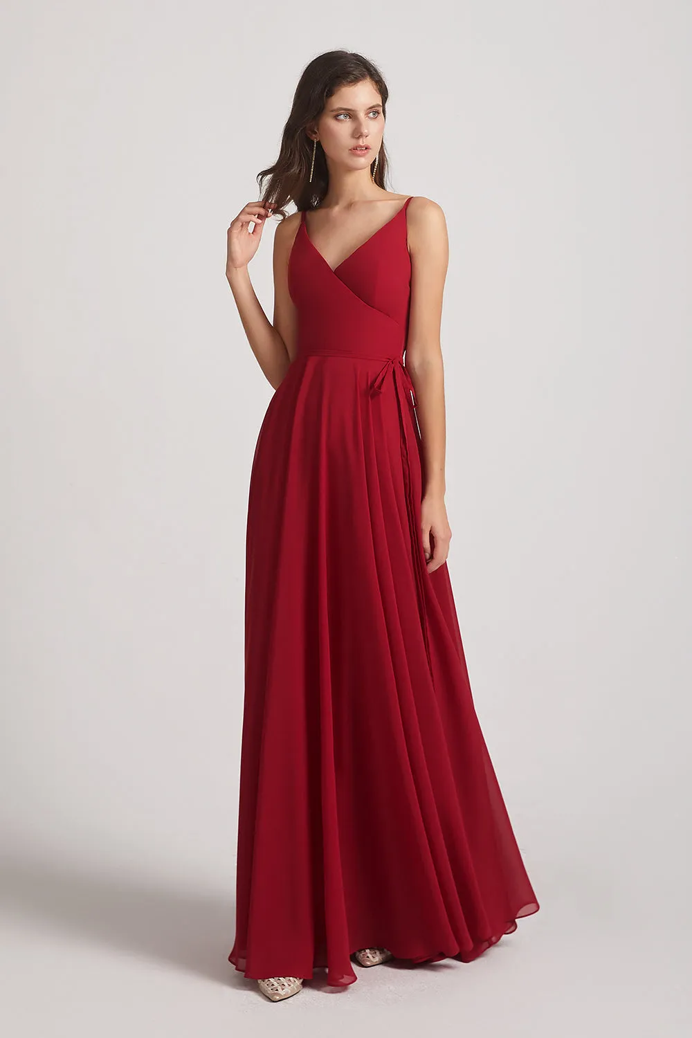 Pleated A-Line Spaghetti Straps V-Neck Chiffon Bridesmaid Dresses (AF0010)