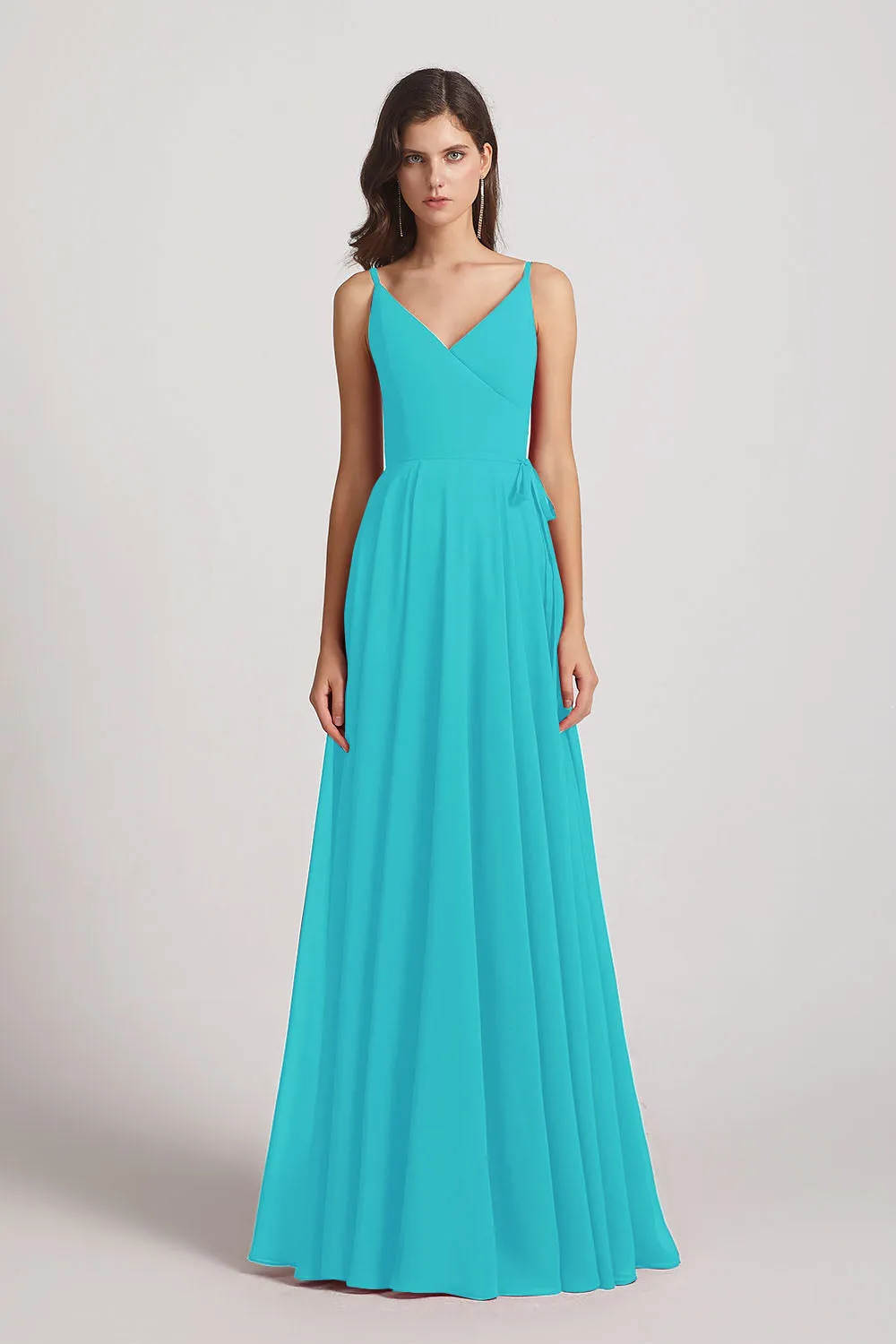 Pleated A-Line Spaghetti Straps V-Neck Chiffon Bridesmaid Dresses (AF0010)