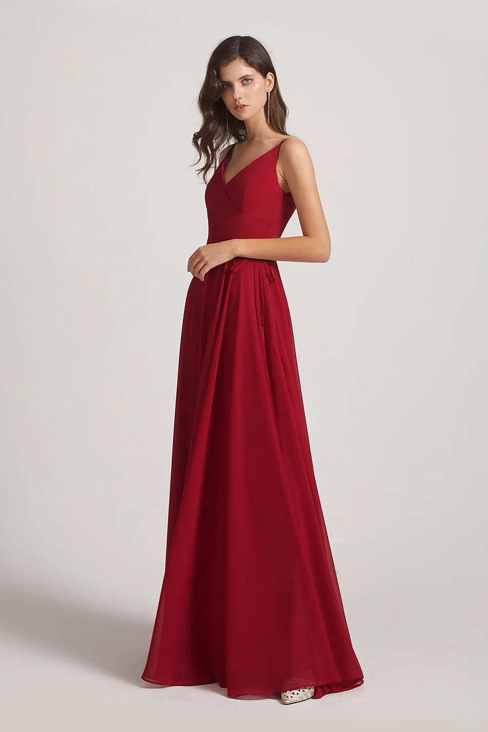 Pleated A-Line Spaghetti Straps V-Neck Chiffon Bridesmaid Dresses (AF0010)