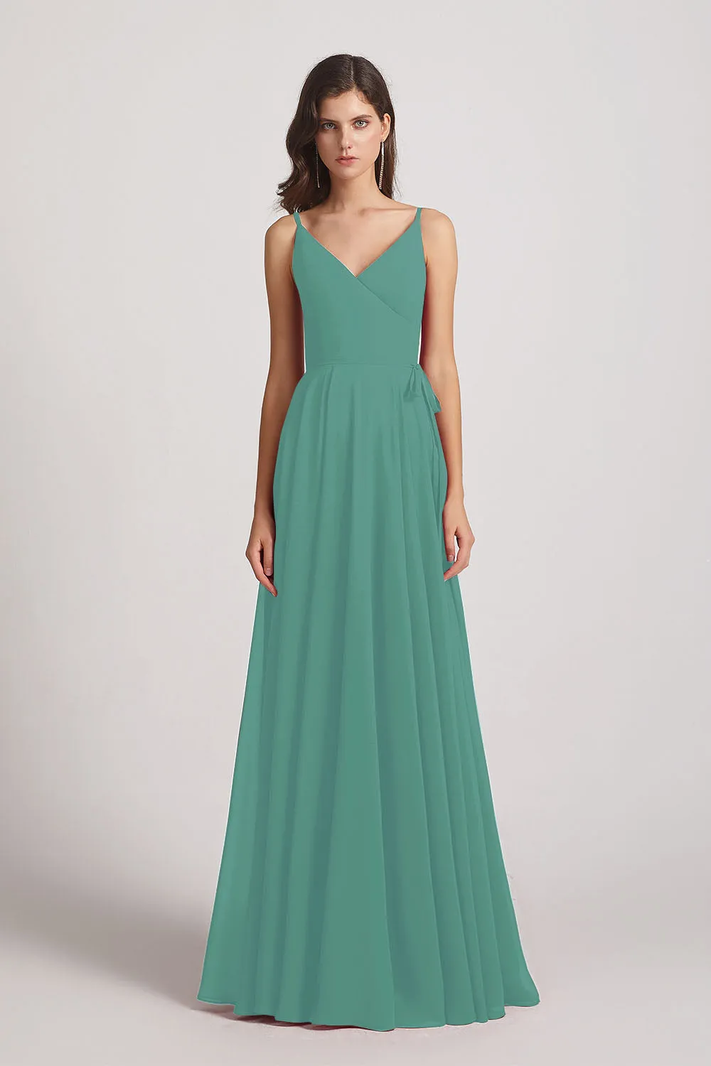 Pleated A-Line Spaghetti Straps V-Neck Chiffon Bridesmaid Dresses (AF0010)